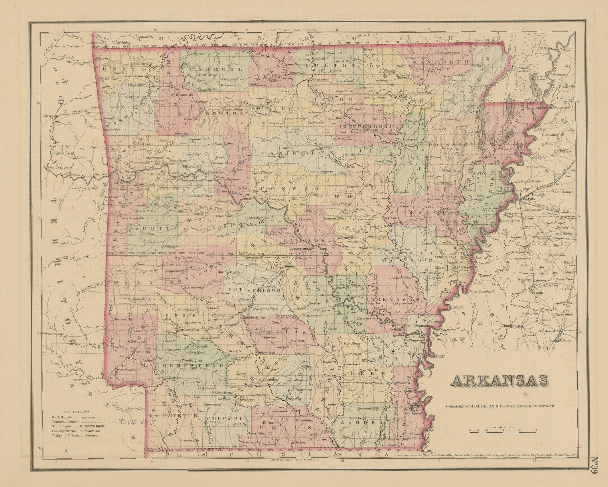 Arkansas Map by Colton, USA Published c.1864 - Mapa del condado coloreado a mano en venta 3