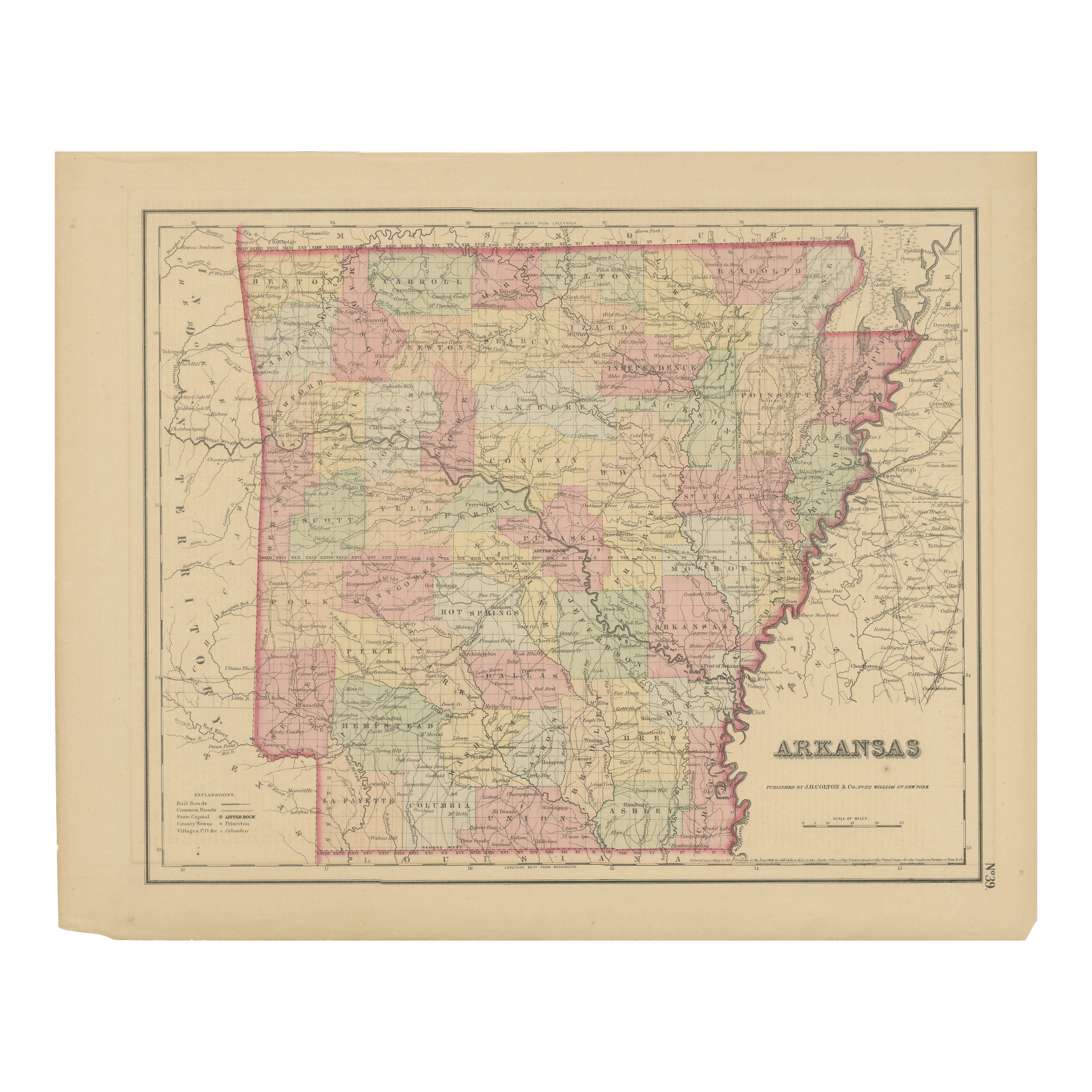 Arkansas Map by Colton, USA Published c.1864 - Mapa del condado coloreado a mano