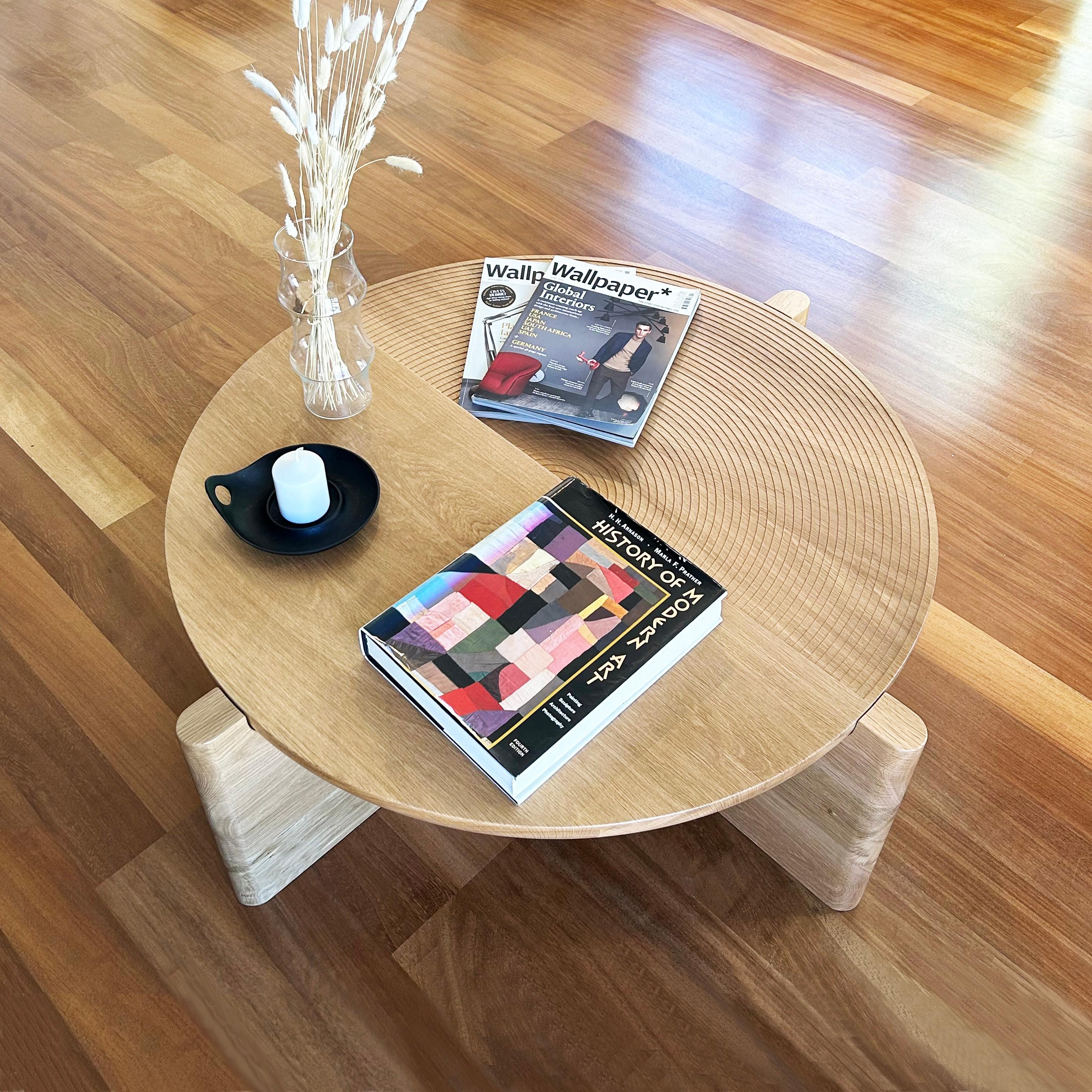 Contemporary Arkhe Coffee Table in Solid Oak, Modern Sculptural Round by Fulden Topaloglu For Sale