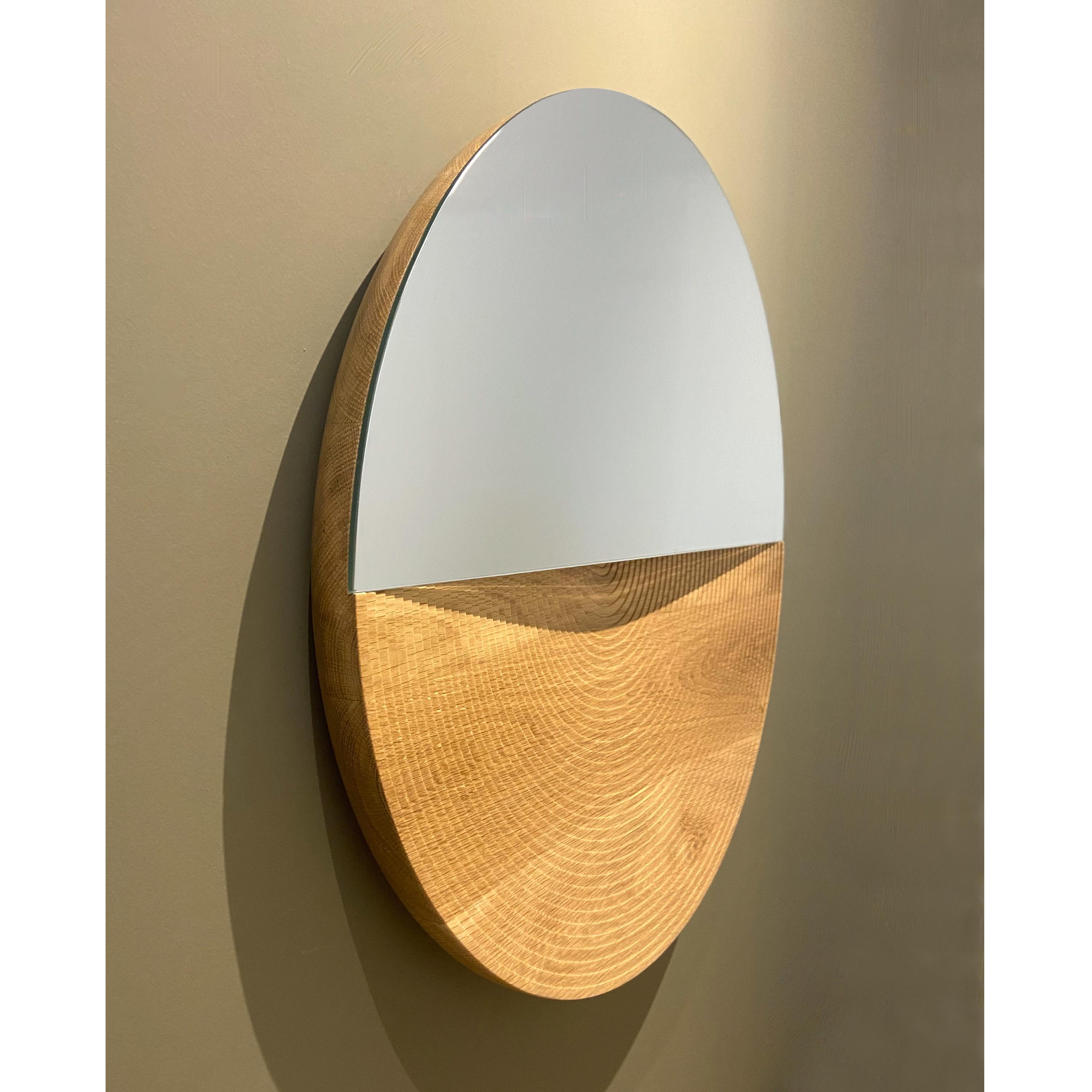 Turkish Arkhe Mirror in Oak, Modern Round Sculptural by Fulden Topaloglu For Sale