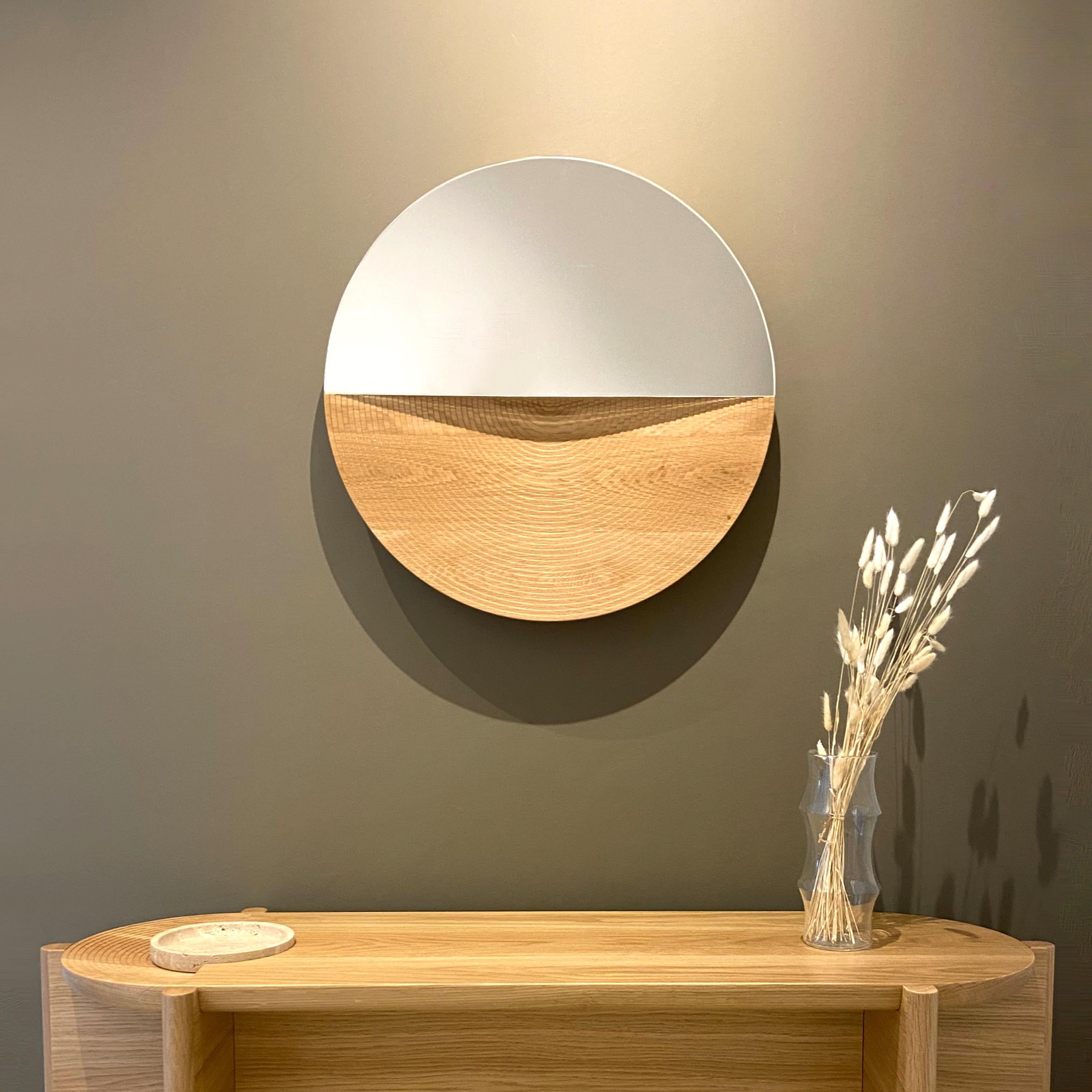 Carved Arkhe Mirror in Oak, Modern Round Sculptural by Fulden Topaloglu For Sale