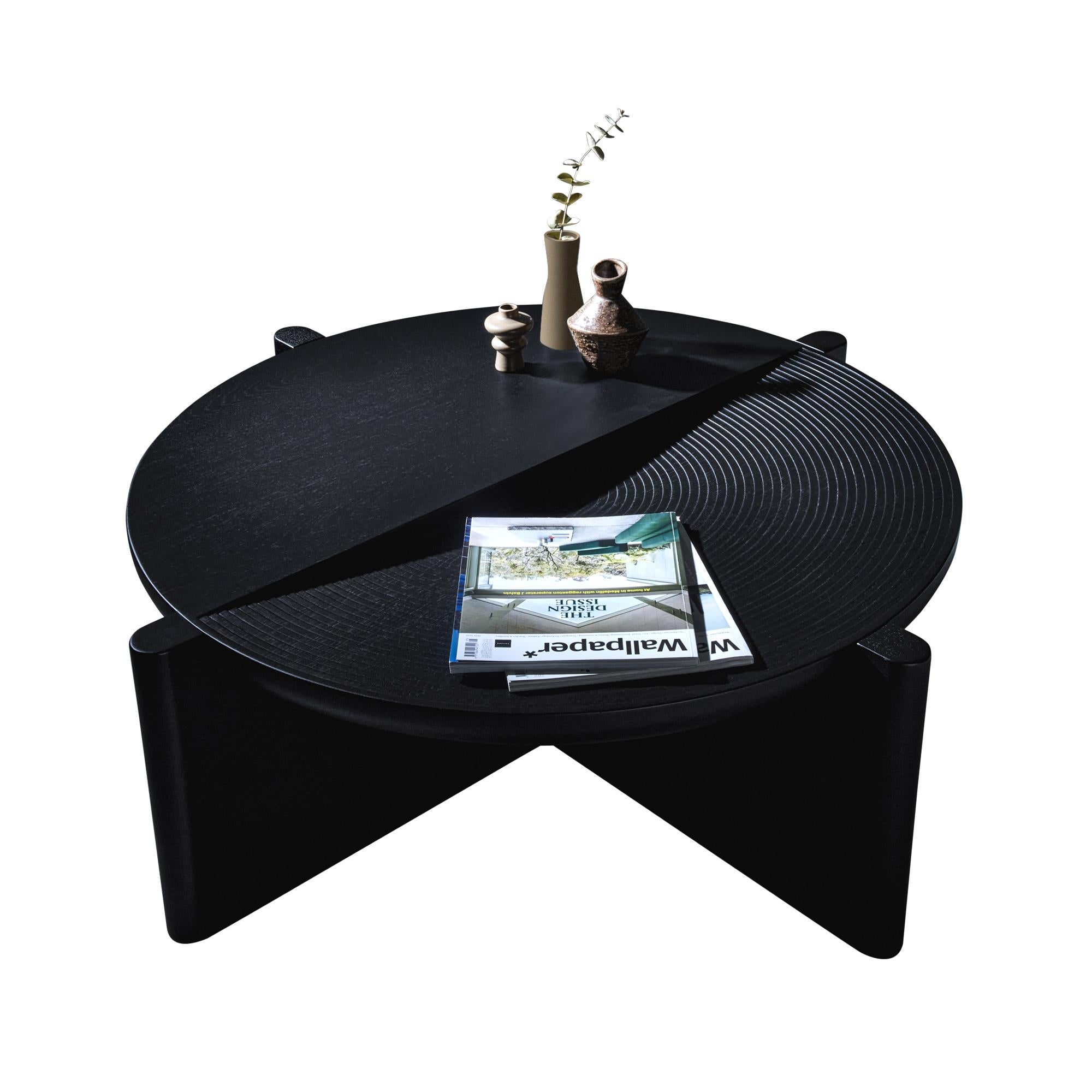 Carved Arkhe No 1 Coffee Table in Solid Oak Black Sculptural Round by Fulden Topaloglu For Sale