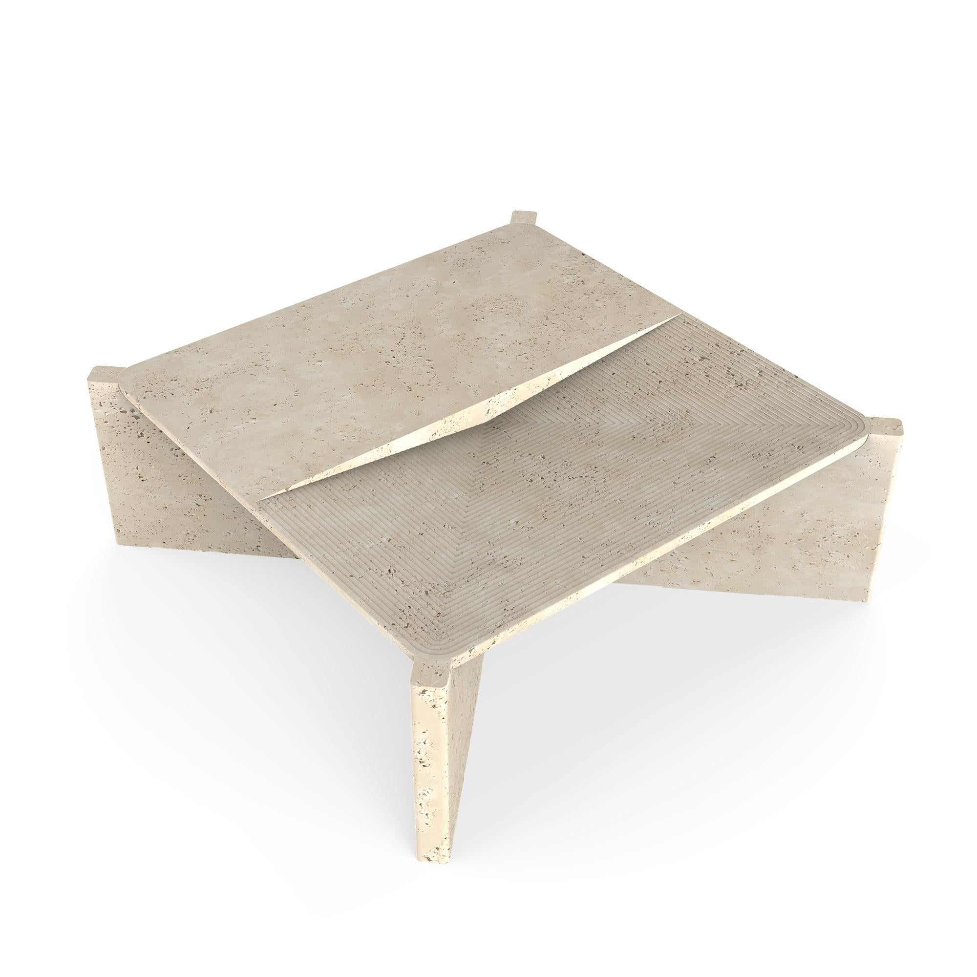 Carved Arkhe No 1 Coffee Table Square Travertine, Modern Sculptural by Fulden Topaloglu For Sale