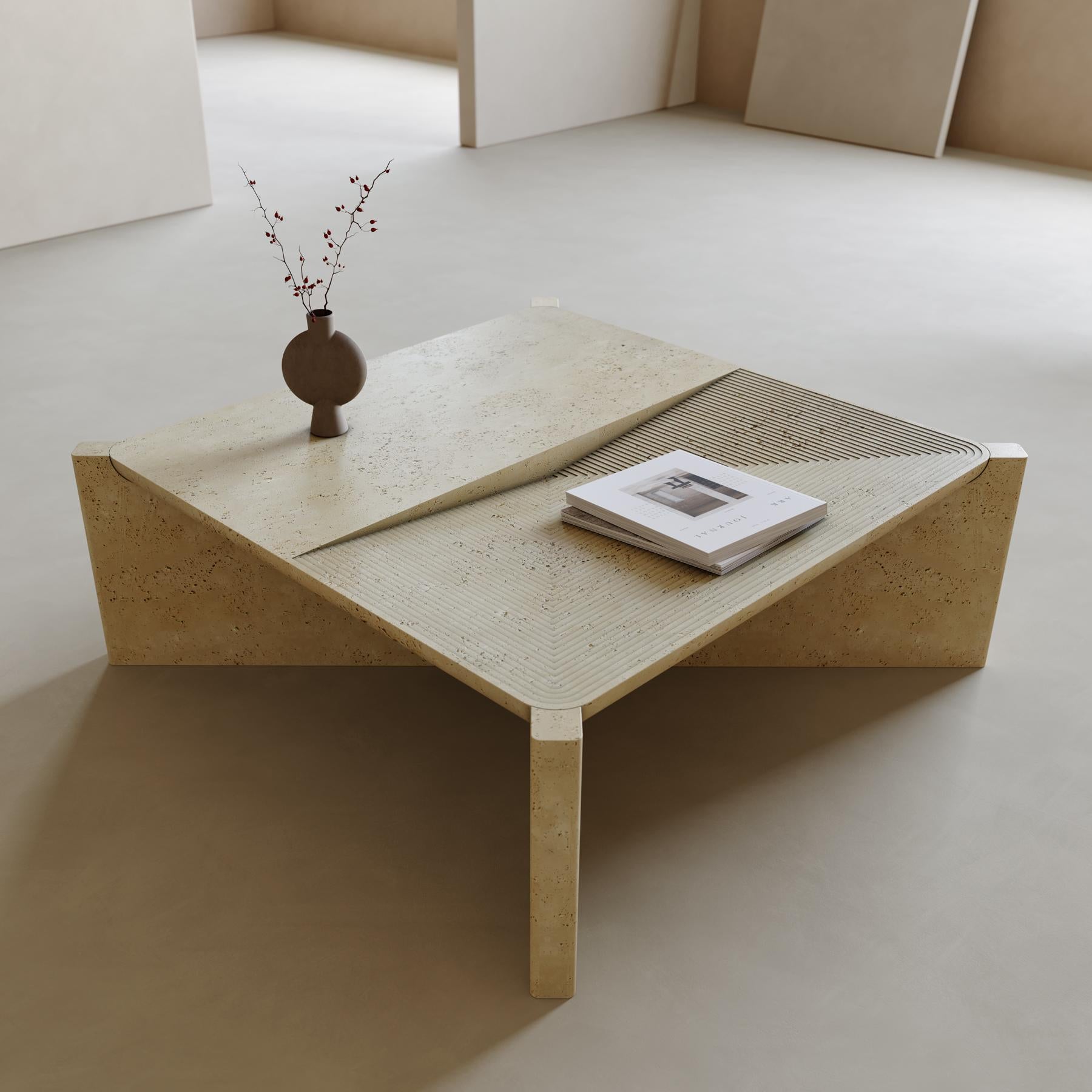 Stone Arkhe No 1 Coffee Table Square Travertine, Modern Sculptural by Fulden Topaloglu For Sale