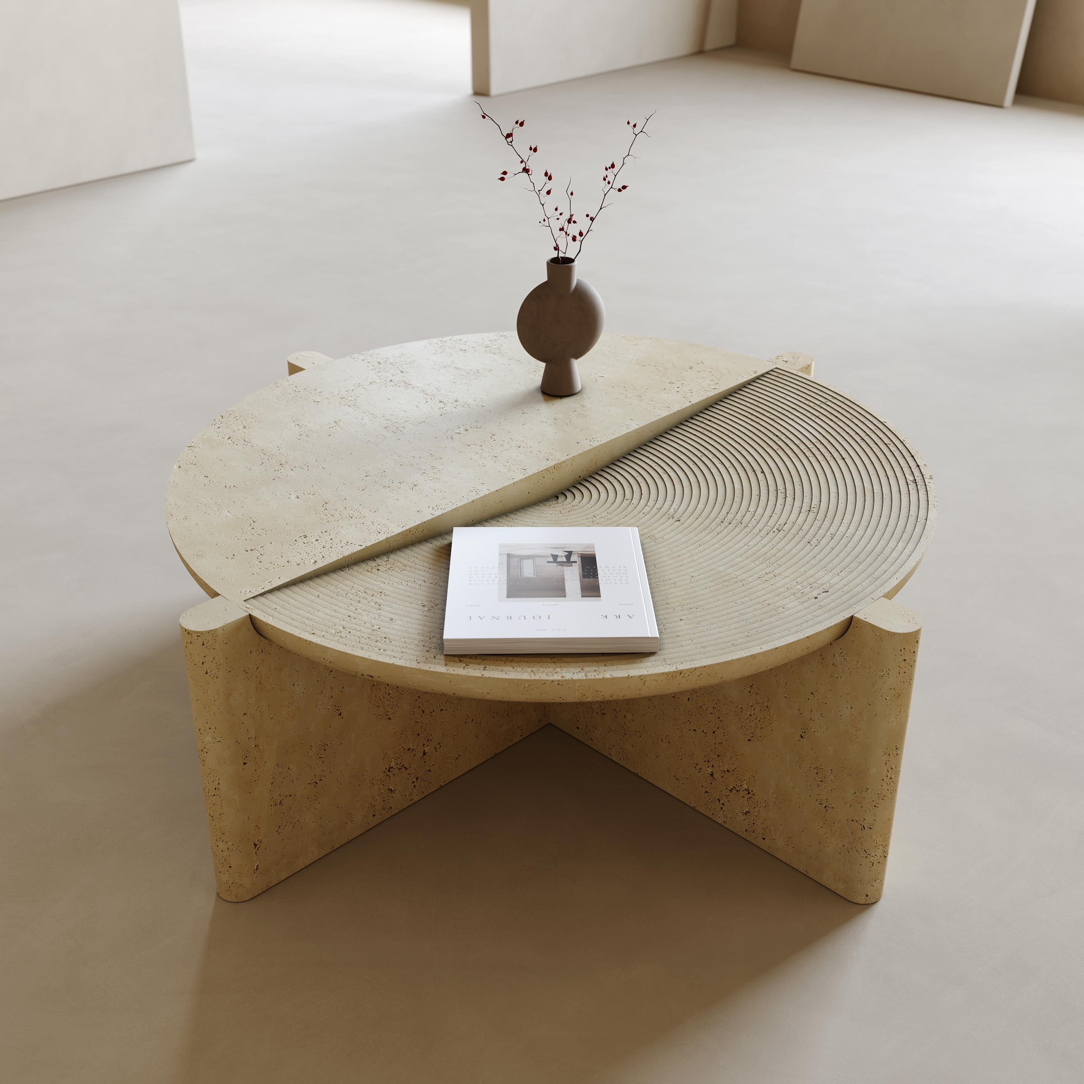 Stone Arkhe No 1 Coffee Table Travertine, Modern Sculptural Round by Fulden Topaloglu For Sale