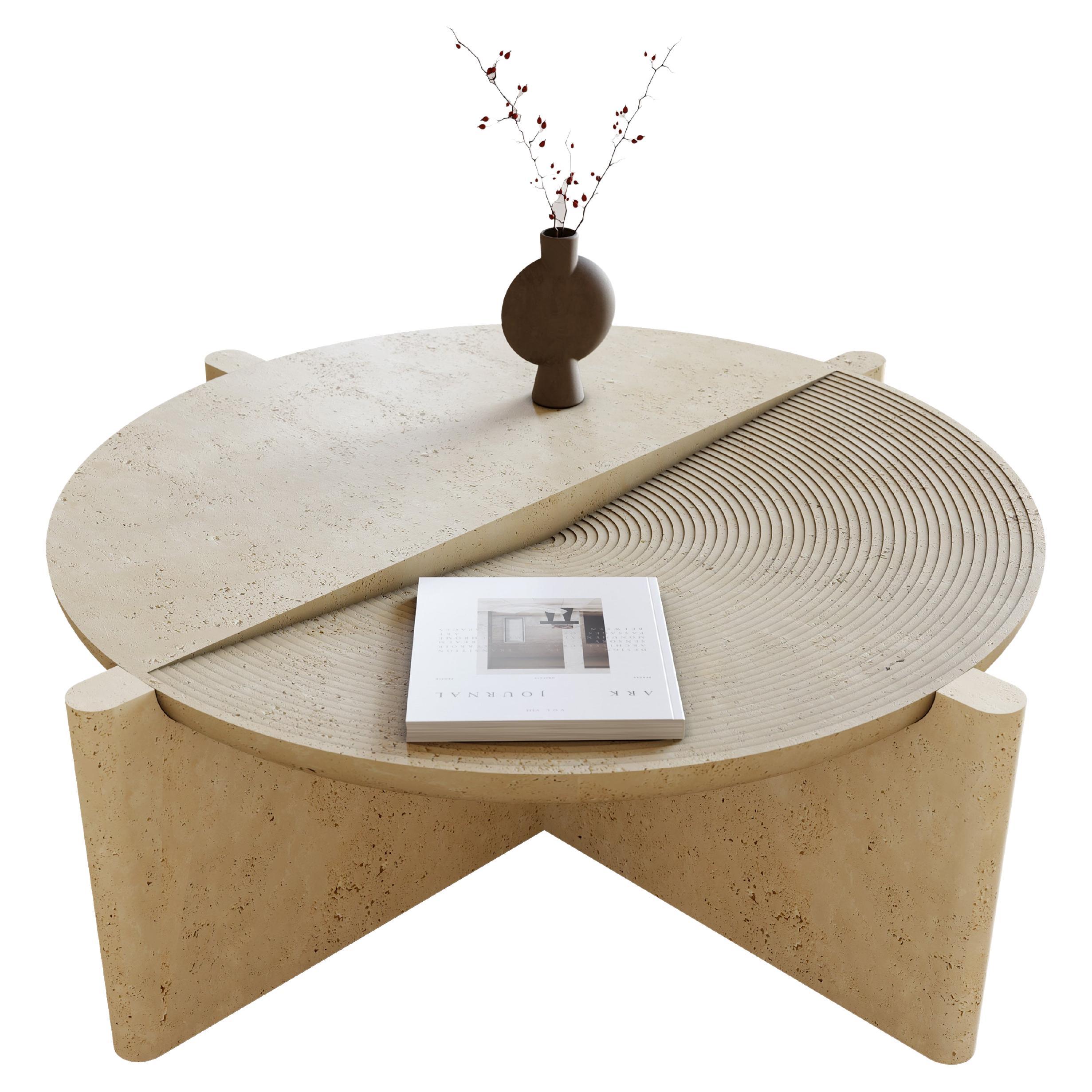 Arkhe No 1 Coffee Table Travertine, Modern Sculptural Round by Fulden Topaloglu For Sale