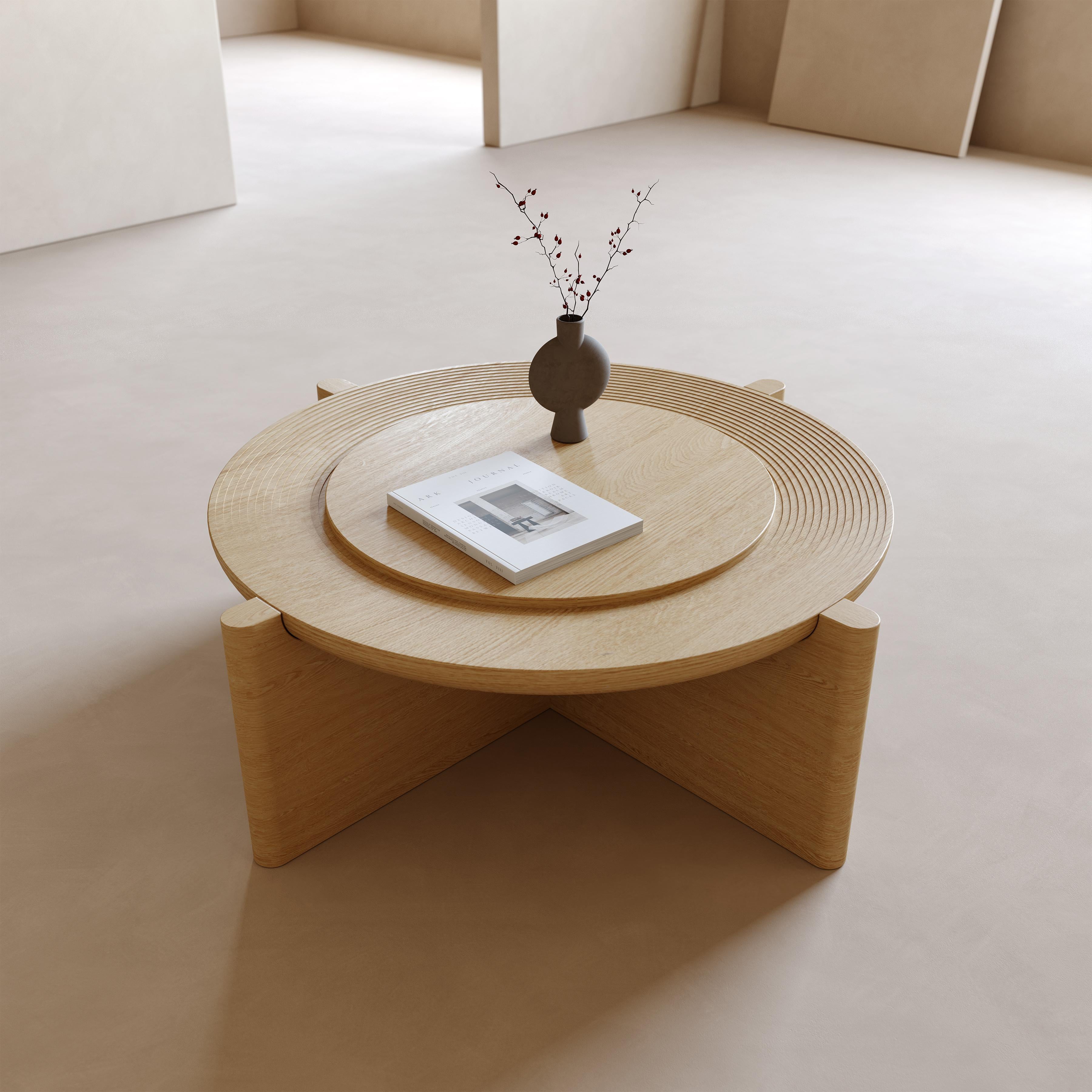 Carved Arkhe No 2 Coffee Table in Solid Oak Modern Sculptural Round by Fulden Topaloglu For Sale