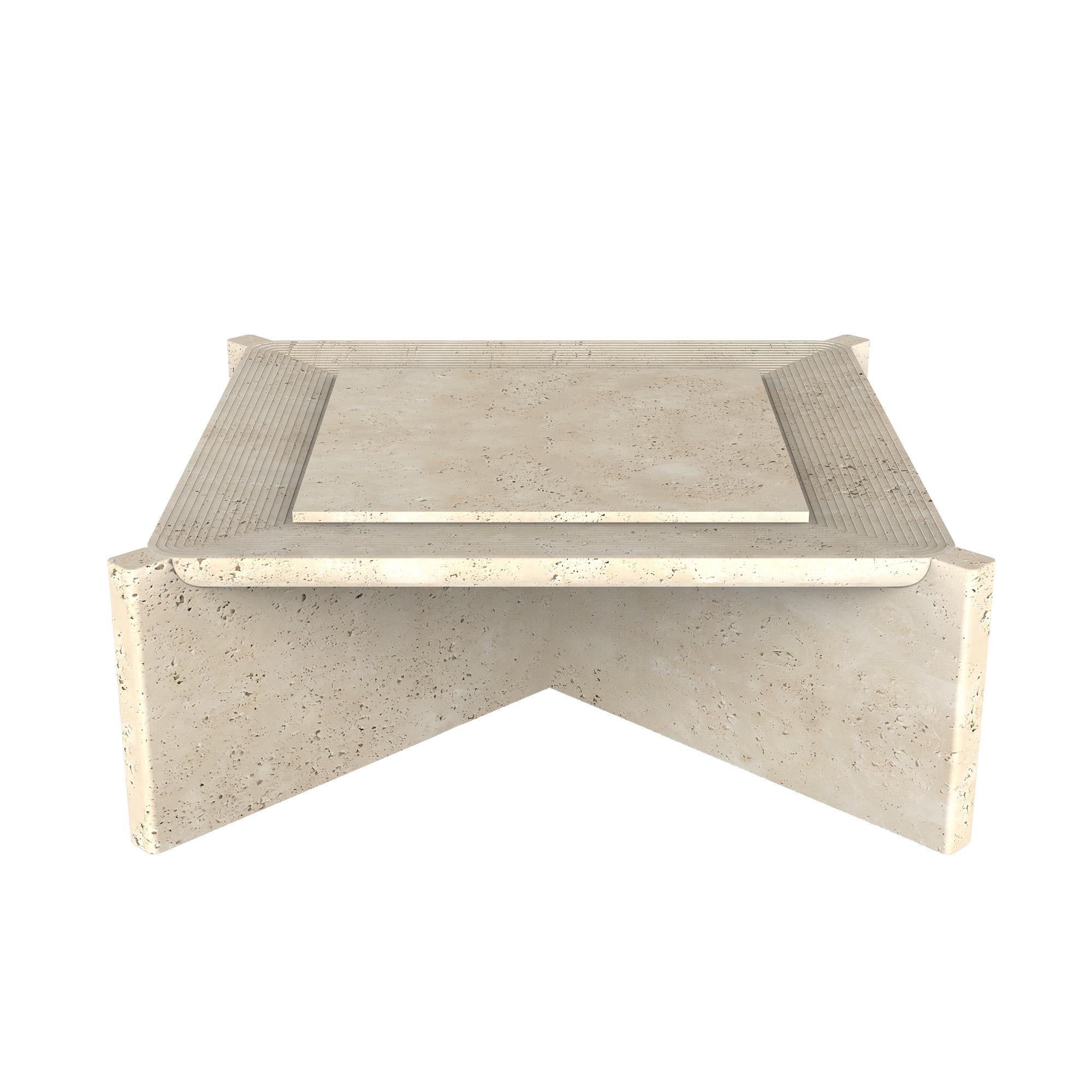 Turkish Arkhe No 2 Coffee Table Square Travertine, Modern Sculptural by Fulden Topaloglu For Sale