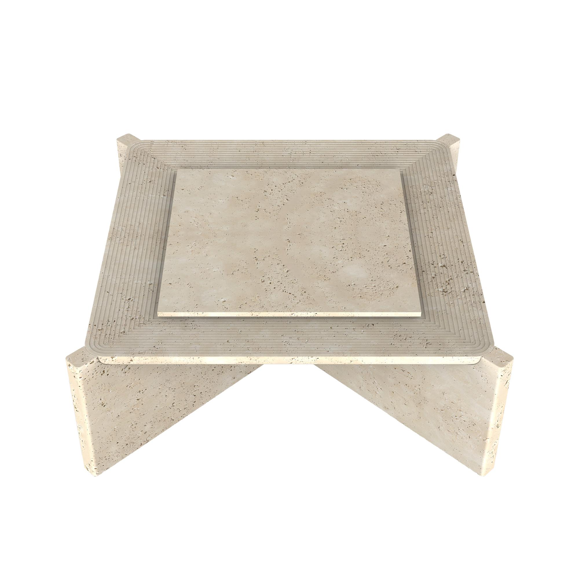 Turkish Arkhe No 2 Coffee Table Square Travertine, Modern Sculptural by Fulden Topaloglu For Sale