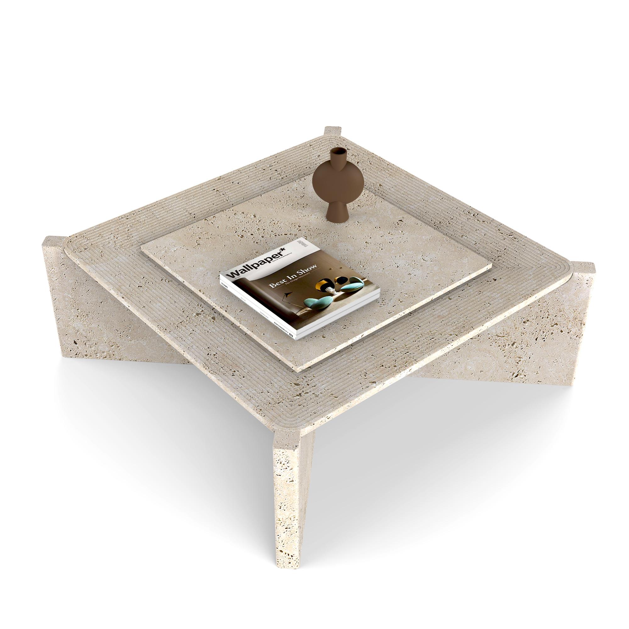 Contemporary Arkhe No 2 Coffee Table Square Travertine, Modern Sculptural by Fulden Topaloglu For Sale