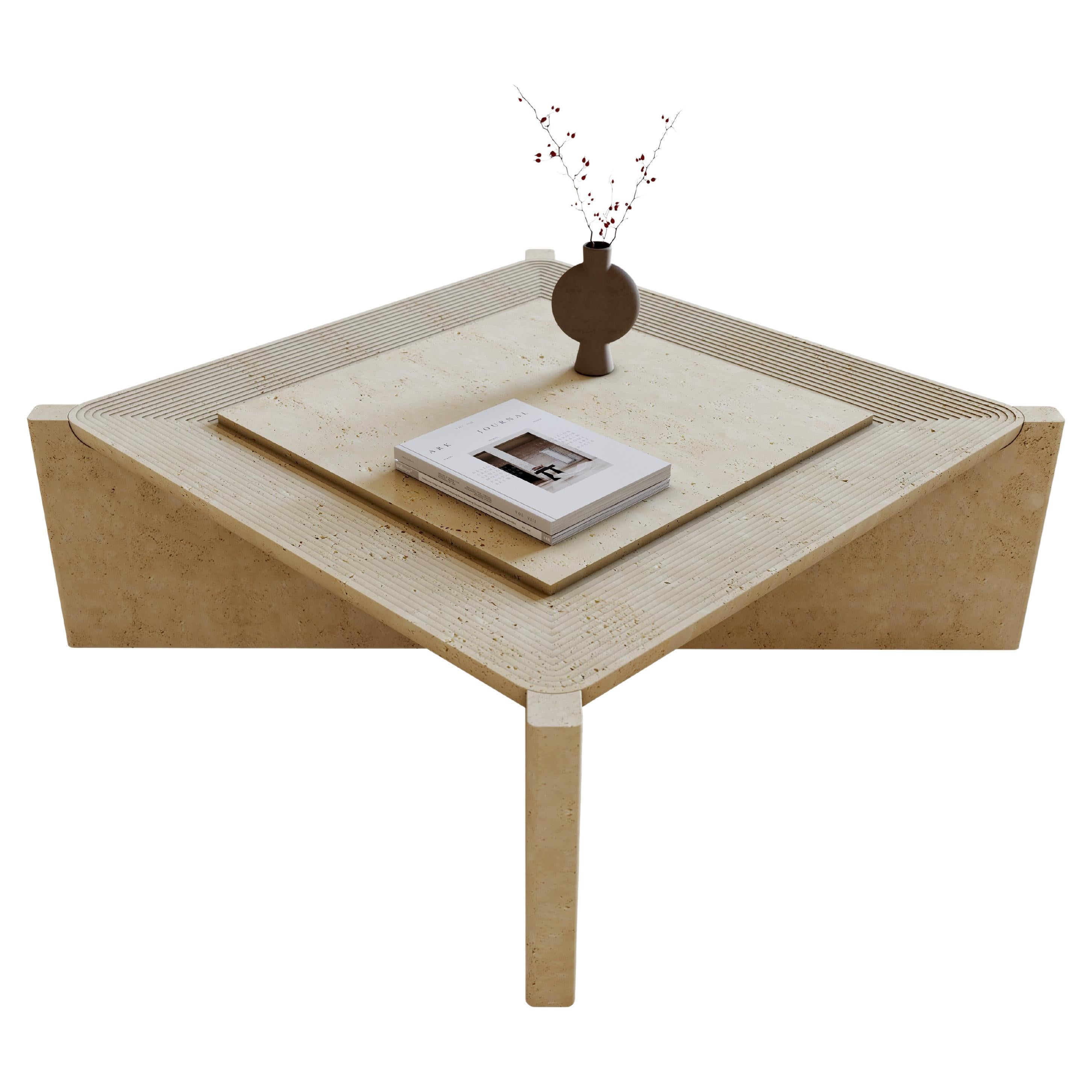 Arkhe No 2 Coffee Table Square Travertine, Modern Sculptural by Fulden Topaloglu