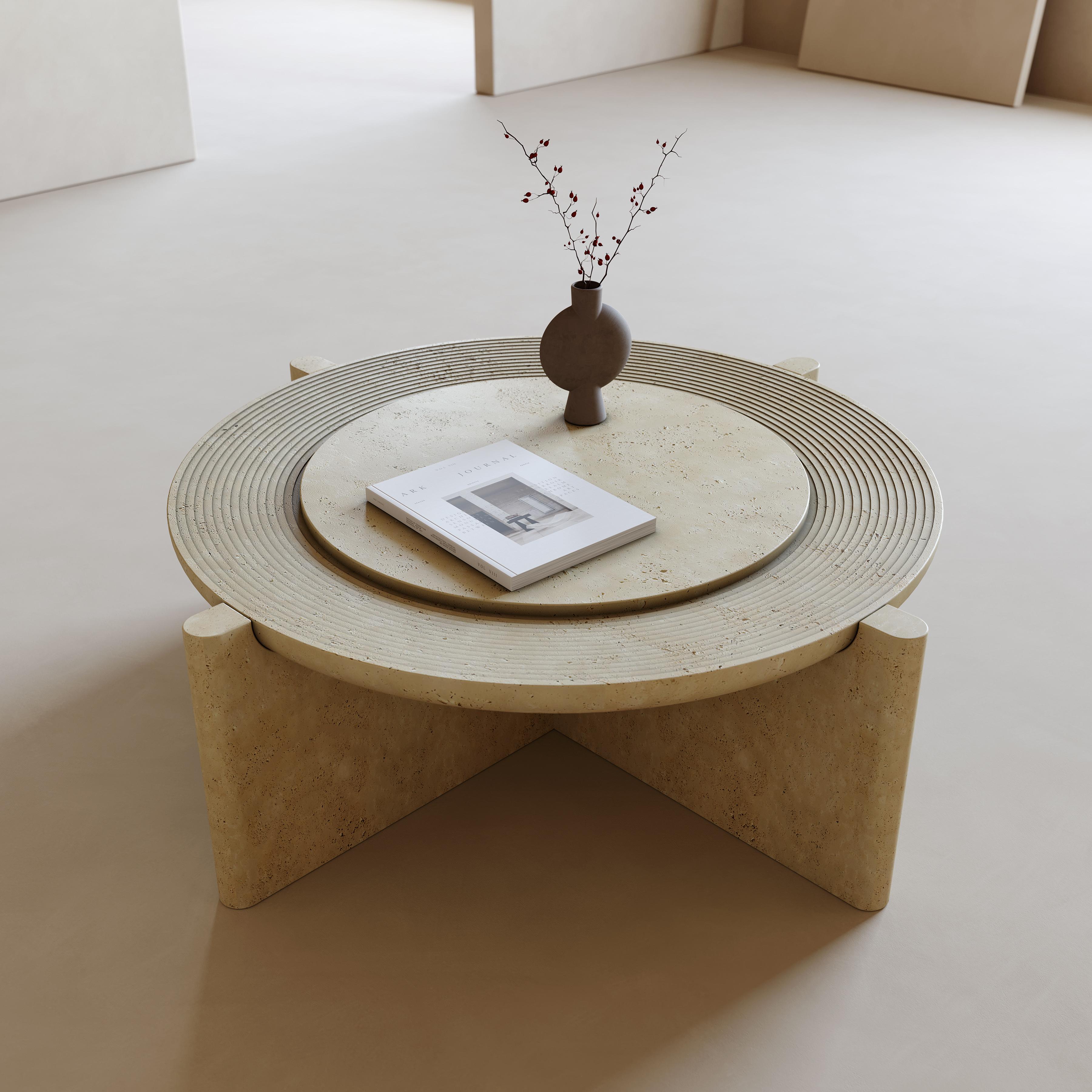 Arkhe No 2 Coffee Table Travertine, Modern Sculptural Round by Fulden Topaloglu For Sale 1