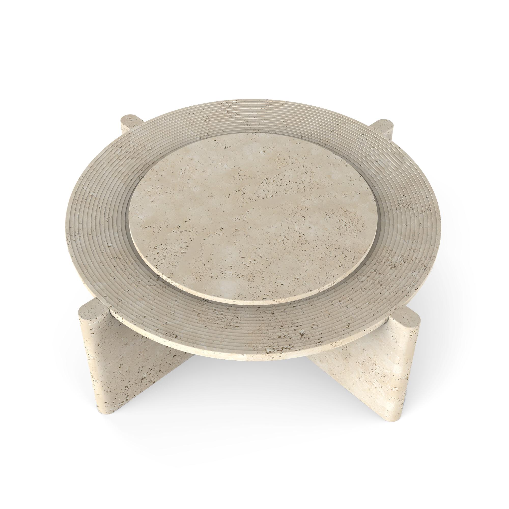 Carved Arkhe No 2 Coffee Table Travertine, Modern Sculptural Round by Fulden Topaloglu For Sale