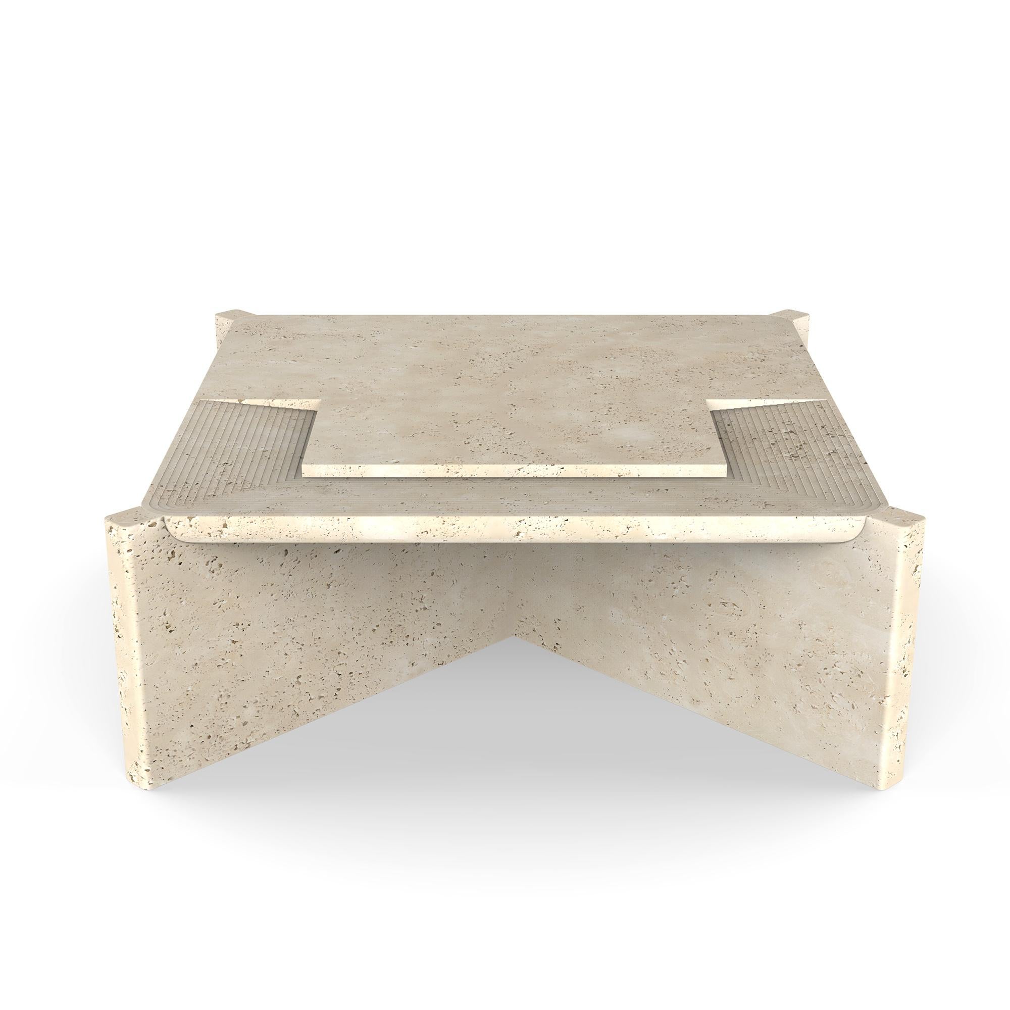Turkish Arkhe No 3 Coffee Table Square Travertine, Modern Sculptural by Fulden Topaloglu For Sale