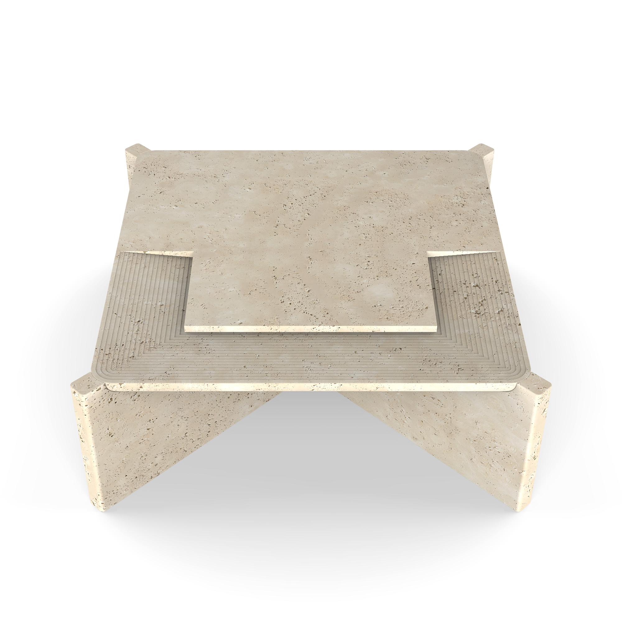 Carved Arkhe No 3 Coffee Table Square Travertine, Modern Sculptural by Fulden Topaloglu For Sale