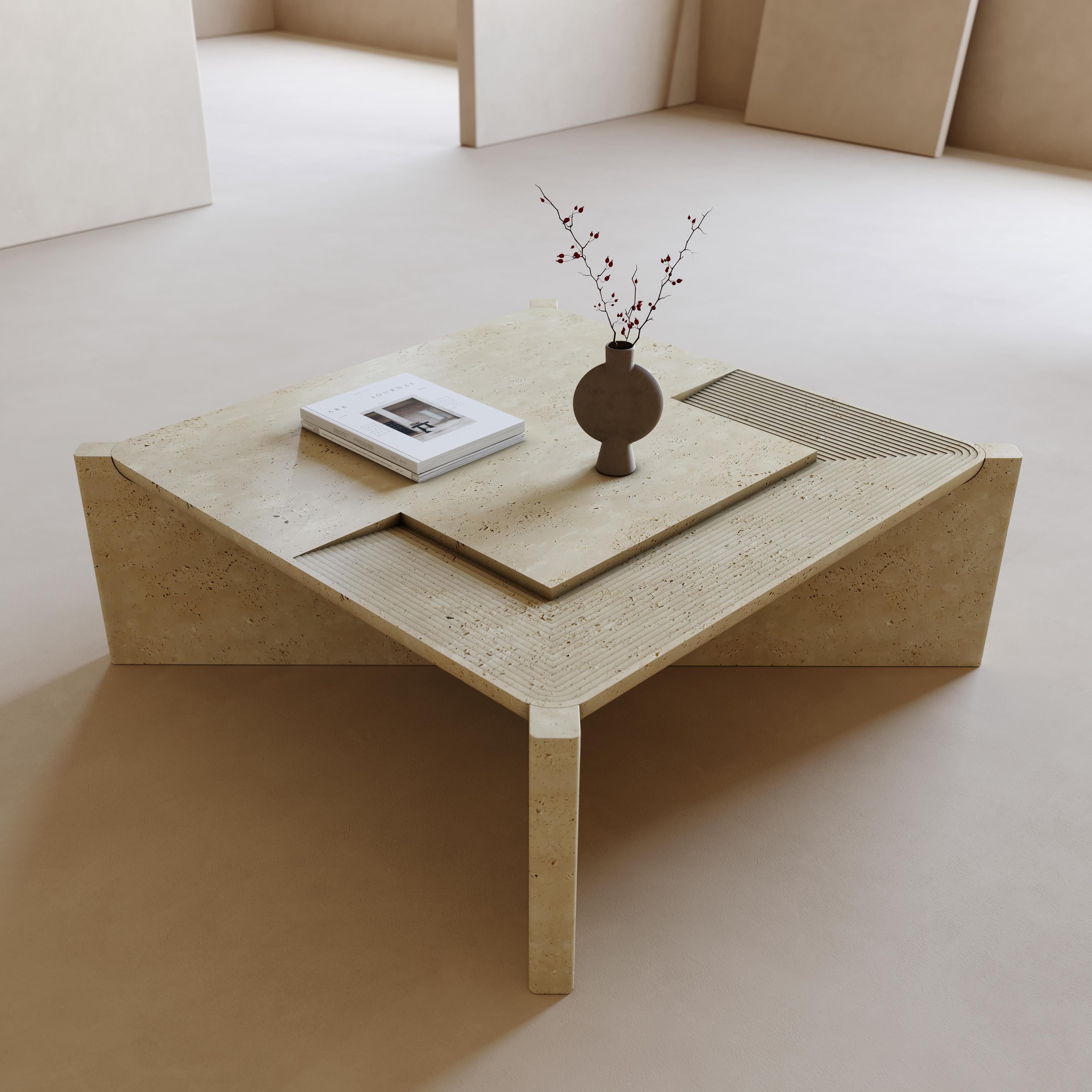 Stone Arkhe No 3 Coffee Table Square Travertine, Modern Sculptural by Fulden Topaloglu For Sale