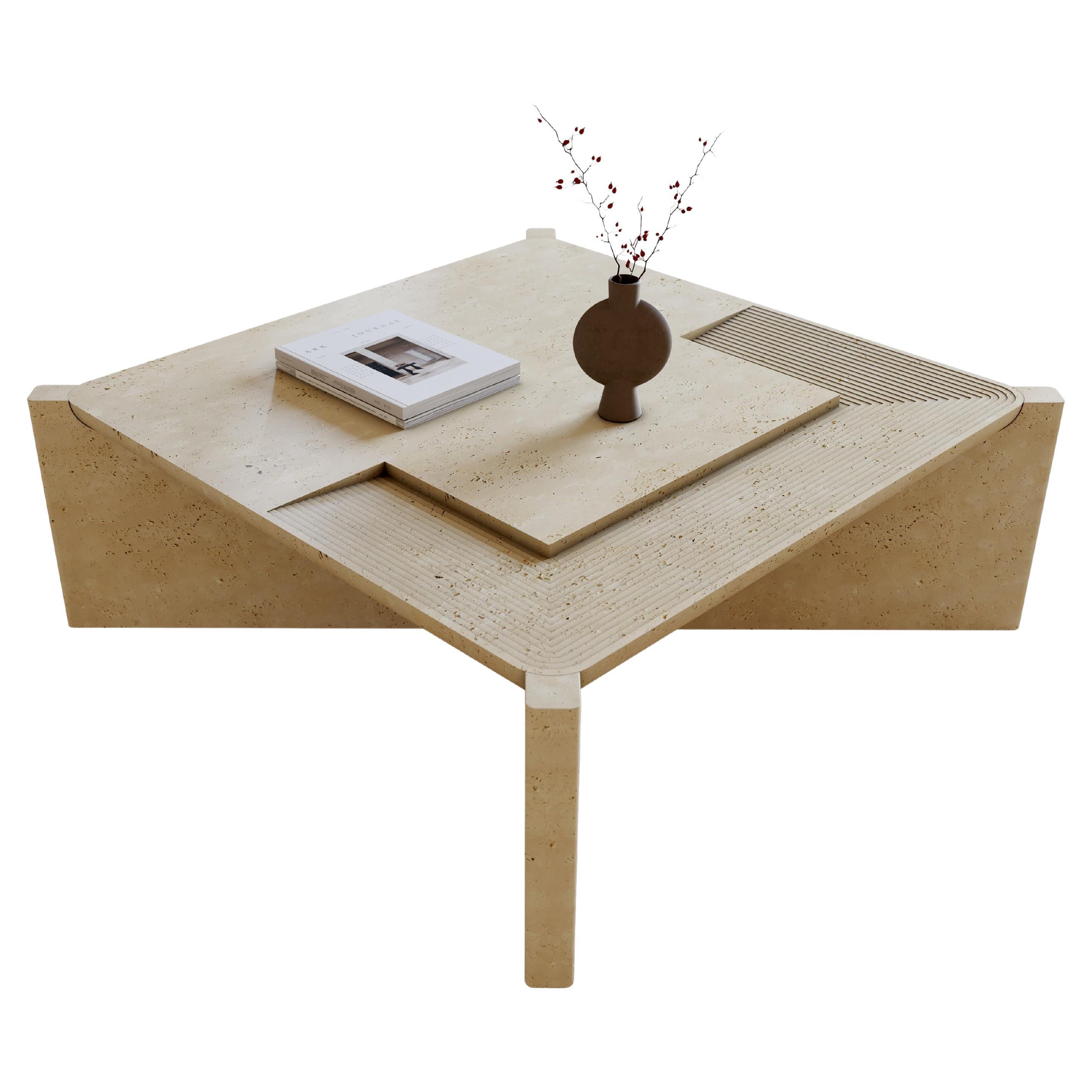 Mesa de centro Arkhe nº 3 Travertino cuadrado, escultórica moderna by Fulden Topaloglu