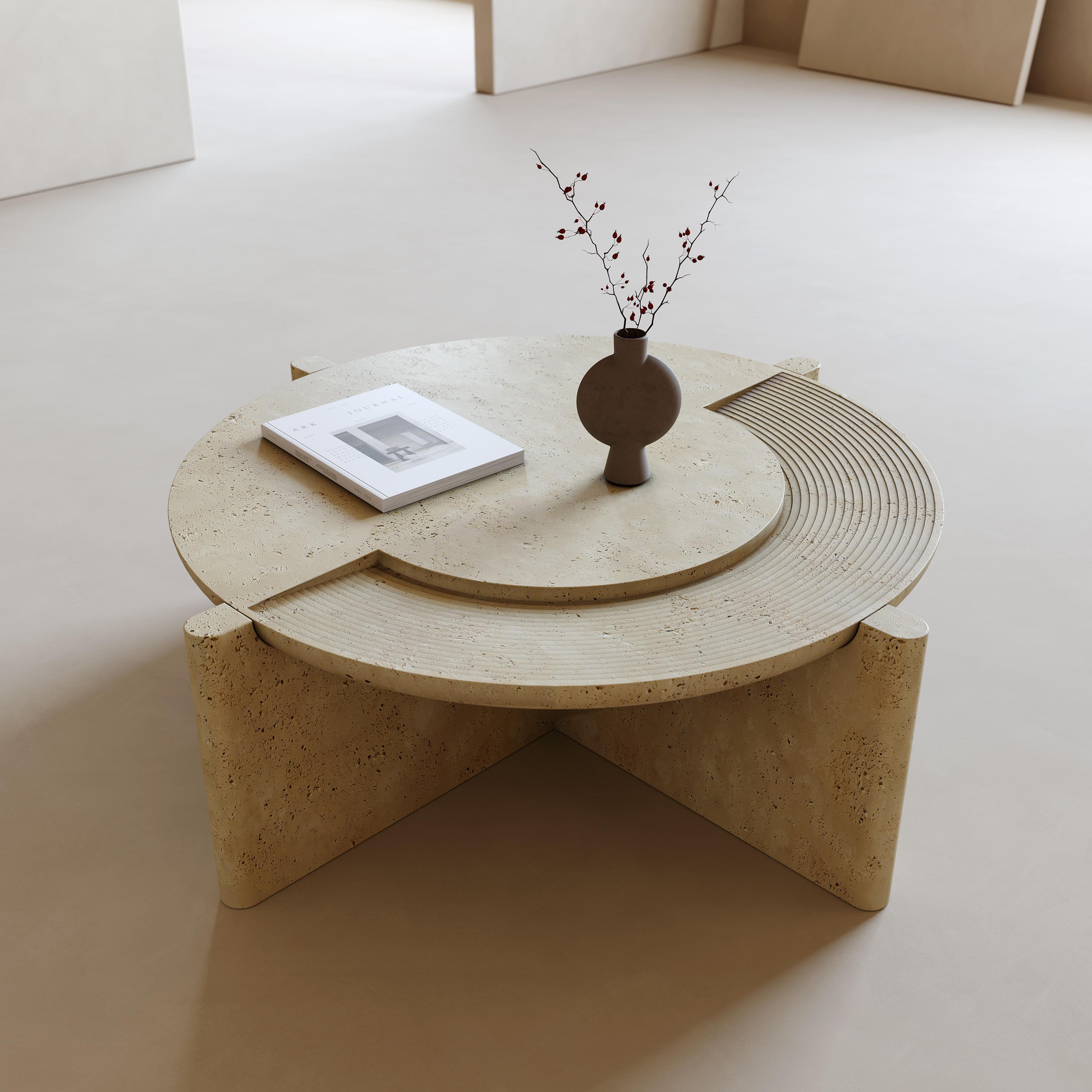 Contemporary Arkhe No 3 Coffee Table Travertine, Modern Sculptural Round by Fulden Topaloglu For Sale