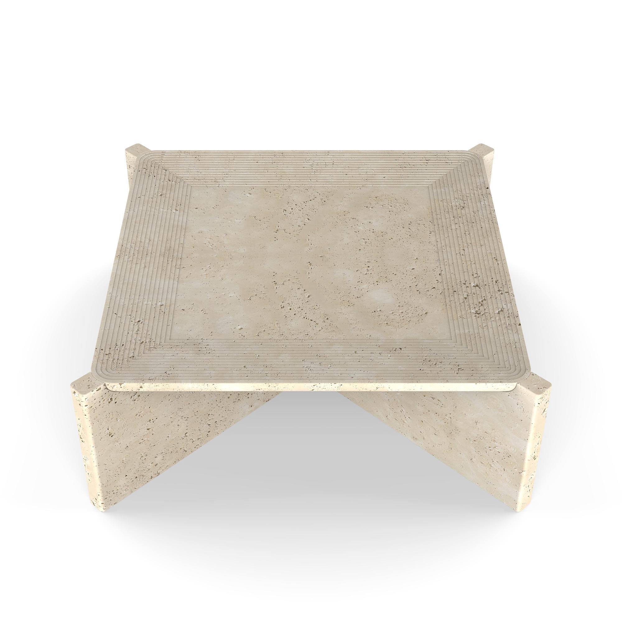 Carved Arkhe No 4 Coffee Table Square Travertine, Modern Sculptural by Fulden Topaloglu For Sale