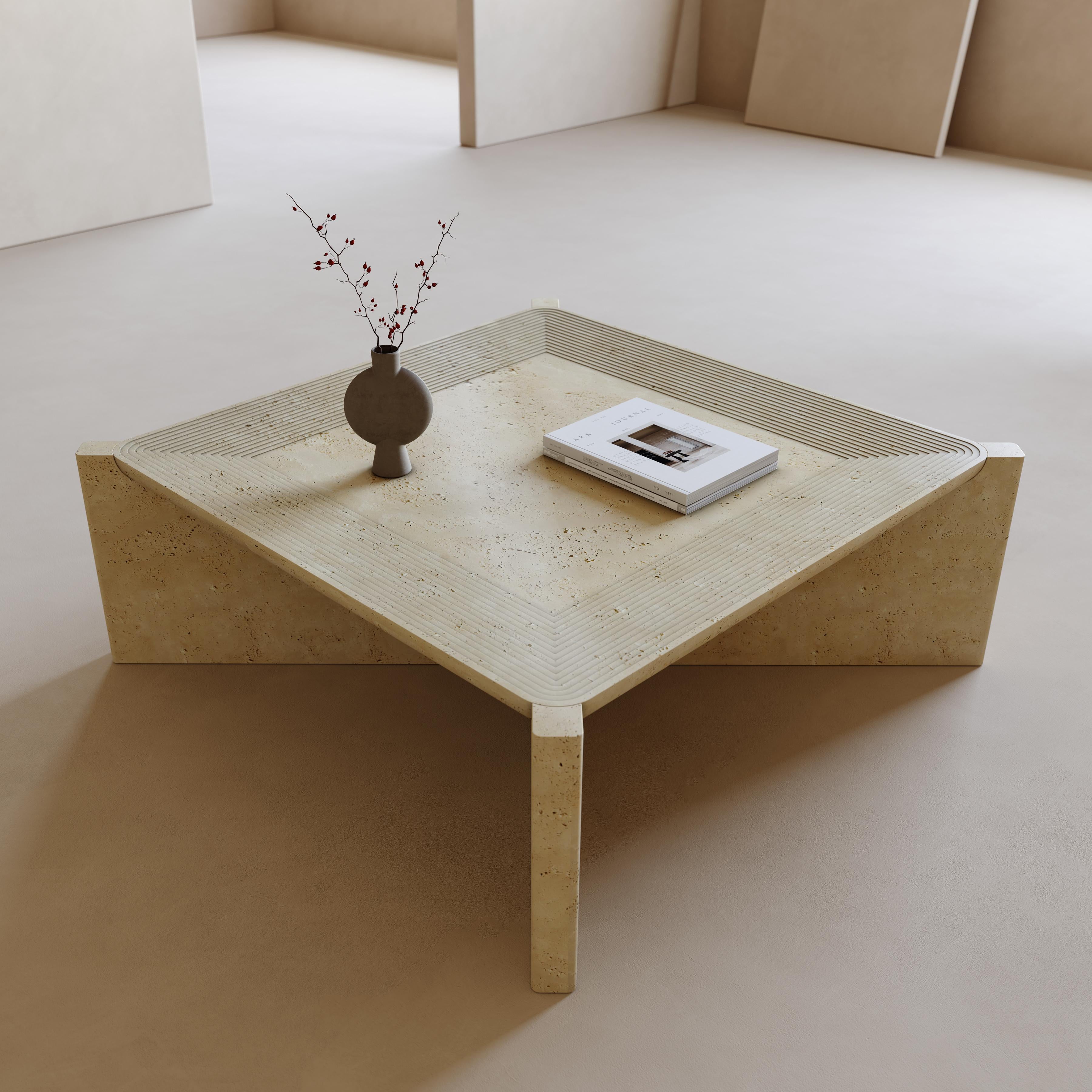 Stone Arkhe No 4 Coffee Table Square Travertine, Modern Sculptural by Fulden Topaloglu For Sale