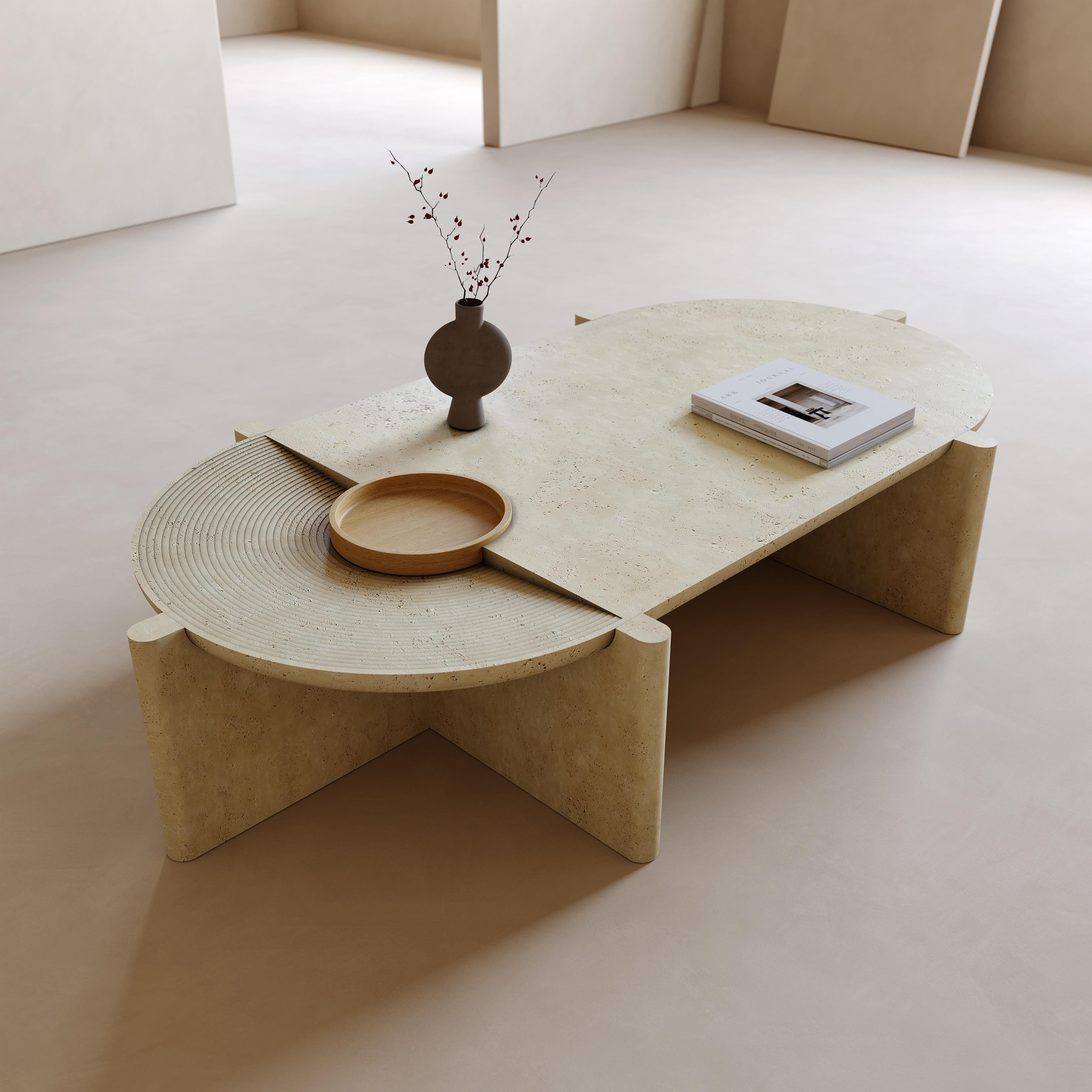 Table basse ovale no 3 en travertin Arkhe par Studio Kali
Dimensions : D 92 x L 172 x H 35 cm.
Matériaux : Chêne et travertin.

Il est possible de personnaliser les dimensions et les matériaux. Peut être produit avec différents types de pierre et de