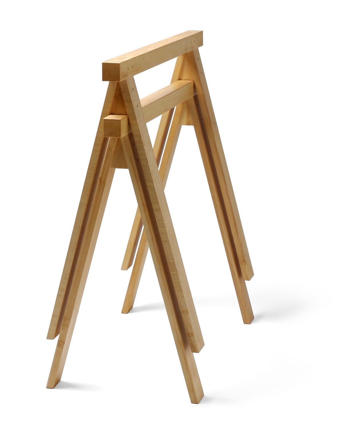 These durable trestle legs are in daily use at the Nikari studio workshop, carrying heavy loads of wooden planks. They are practical and stack well – together with the architecture table tops they create a timeless solid wooden