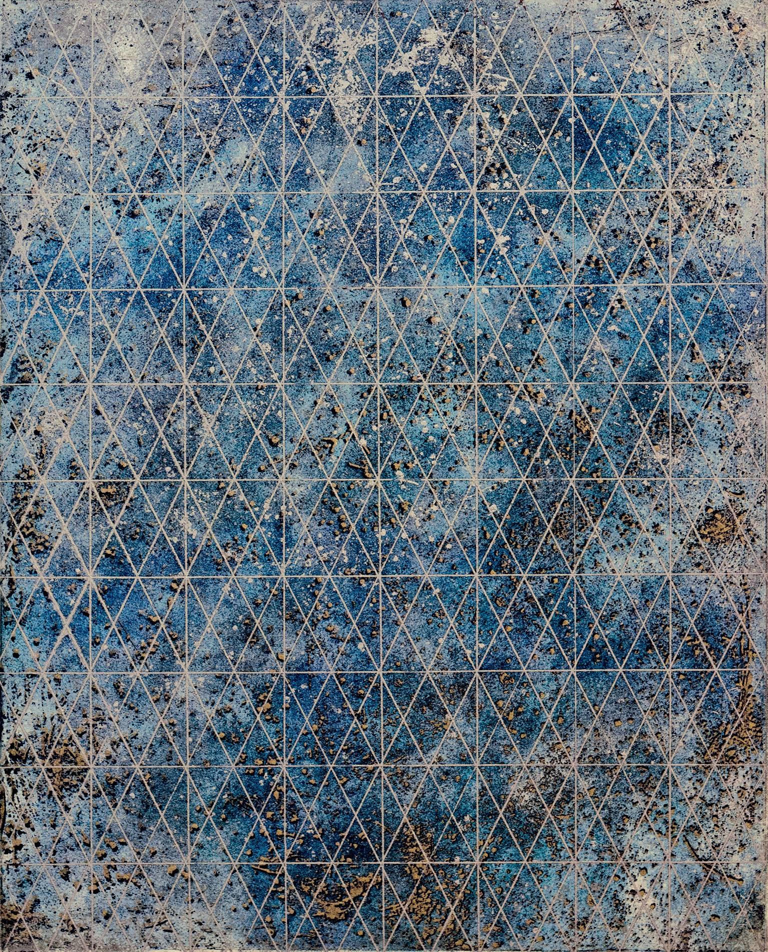 Arlene Slavin Abstract Print - "Intersection/Cosmos Five", abstract geometric print, blues, gold, silver grid.