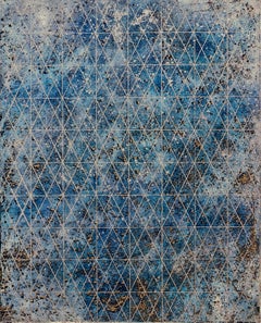 "Intersection/Cosmos Five", abstract geometric print, blues, gold, silver grid.
