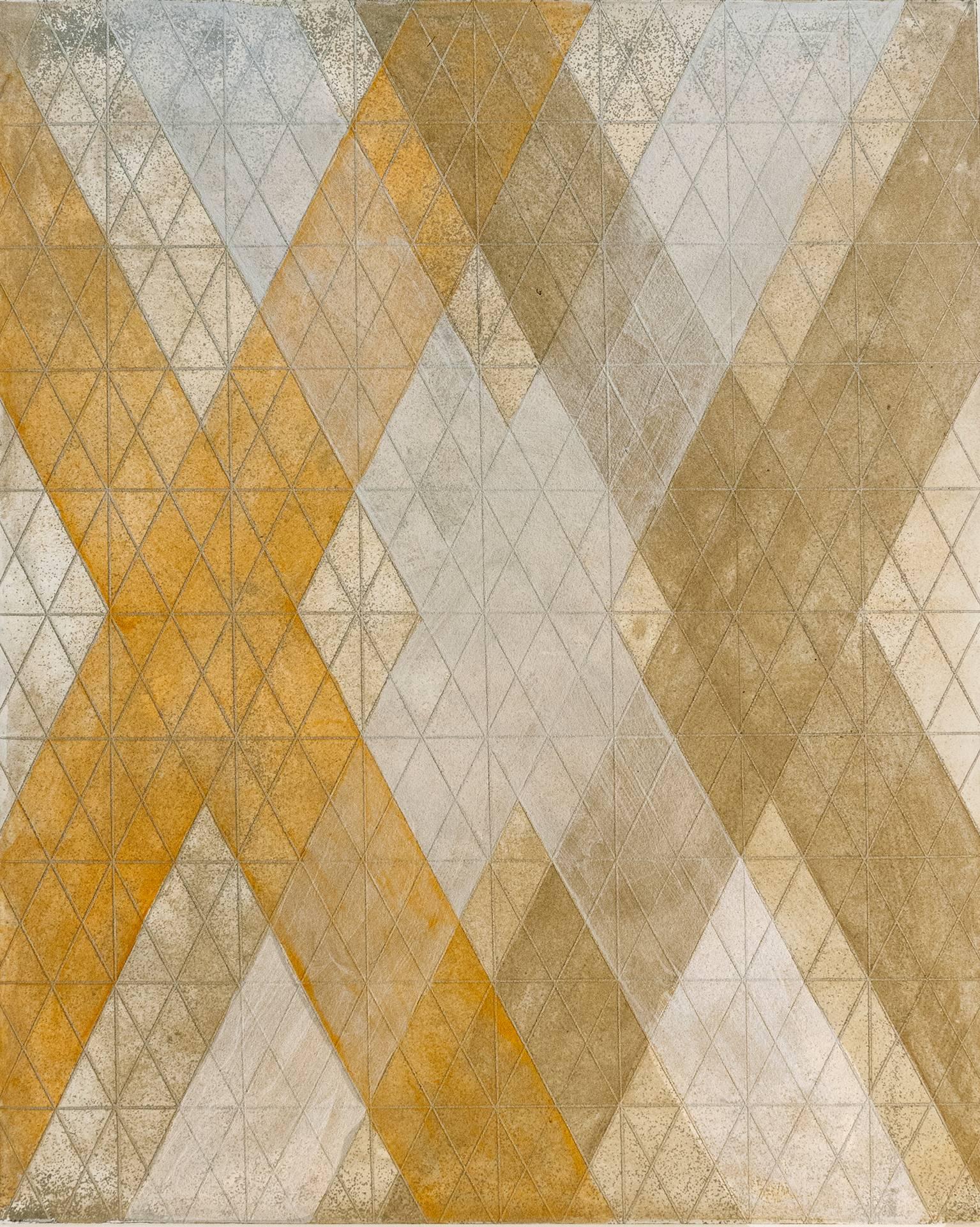 Arlene Slavin Abstract Print - "Intersection/Cosmos Six", abstract geometric print, gold, orange, silver grid.