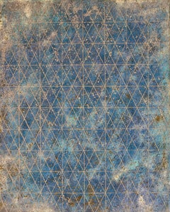 "Intersection/Cosmos Three", abstract geometric print, blues, silver, gold.