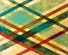 Intersection/Skies 3, abstract geometric monotype, blue, red, yellow, gold grid.