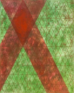 "Intersections/Cosmos 13", abstract geometric monoprint, green, red, gold grid.
