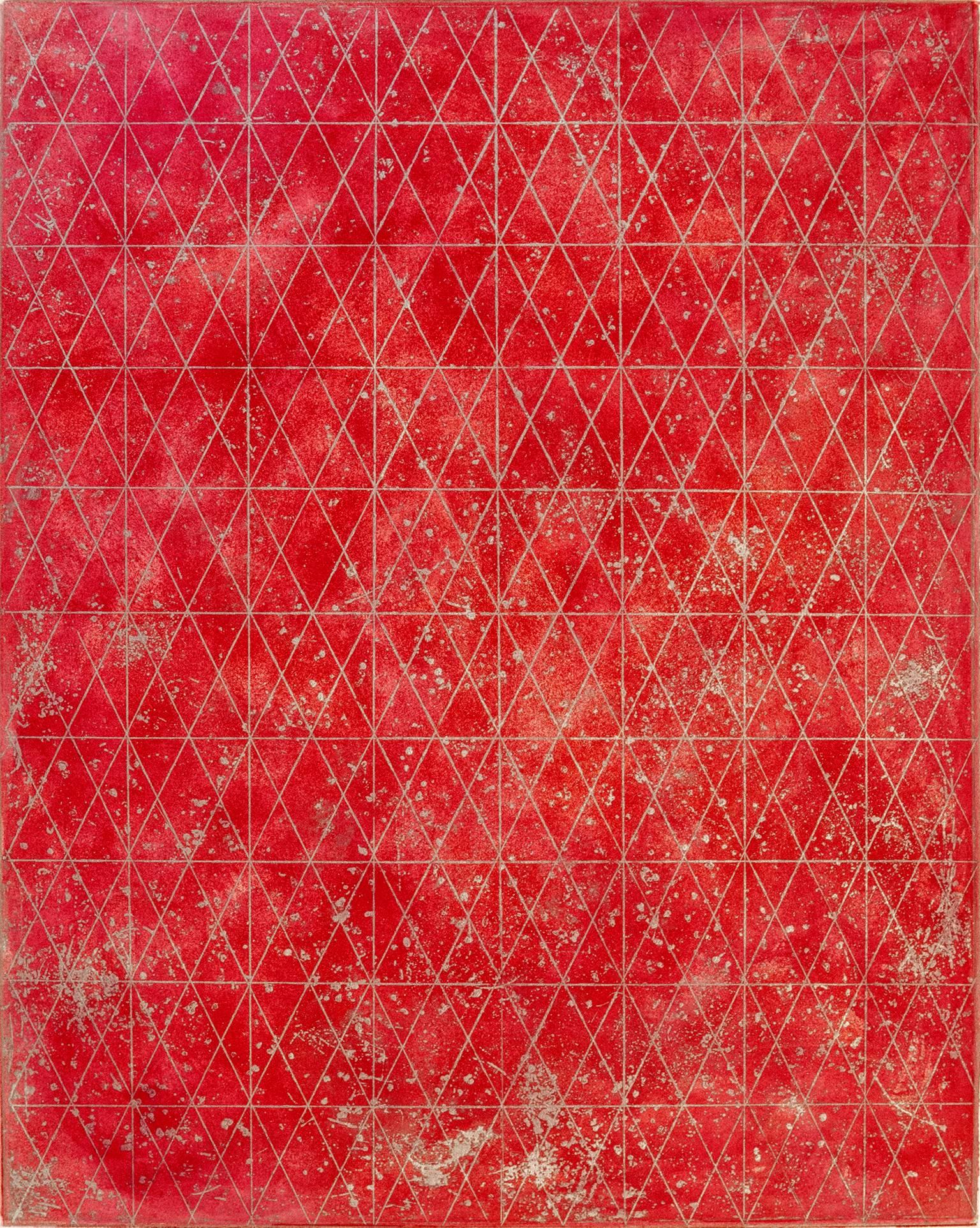 Arlene Slavin Abstract Print - Intersections/Cosmos 18, abstract geometric print, red, metallic gold, silver