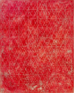 Intersections/Cosmos 18, abstract geometric print, red, metallic gold, silver