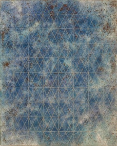 Intersections/Cosmos 20, abstract geometric monoprint, blue, copperbronze, gold.