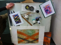 Intersections/Cosmos 9, abstract geometric monoprint, greens, yellow, gold grid.