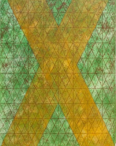 Intersections/Cosmos 9, abstract geometric monoprint, greens, yellow, gold grid.