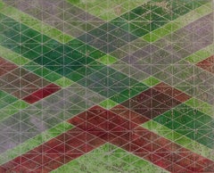 Intersections/Skies 12, abstract geometric monotype in green, silver, red.