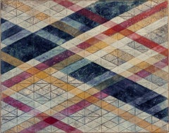 "Intersections/Skies 14", abstract geometric print, blue, violet, ochre, silver