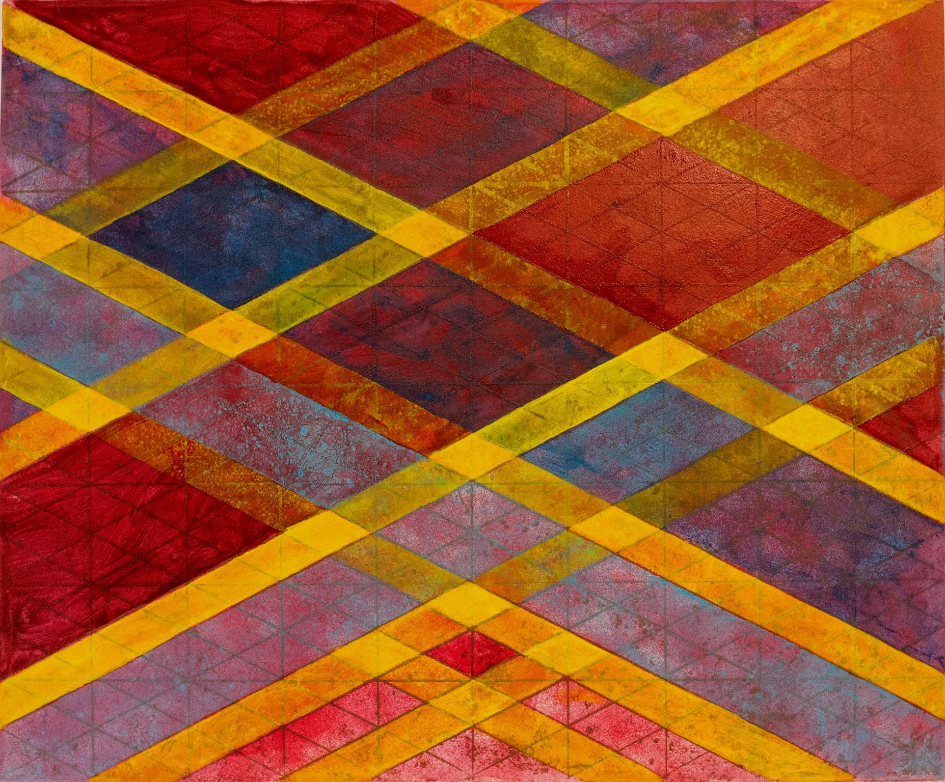 Arlene Slavin Abstract Print - Intersections/Skies 19, abstract geometric monoprint, red, yellow, blue, gold.