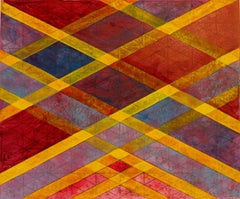 Intersections/Skies 19, abstract geometric monoprint, red, yellow, blue, gold.