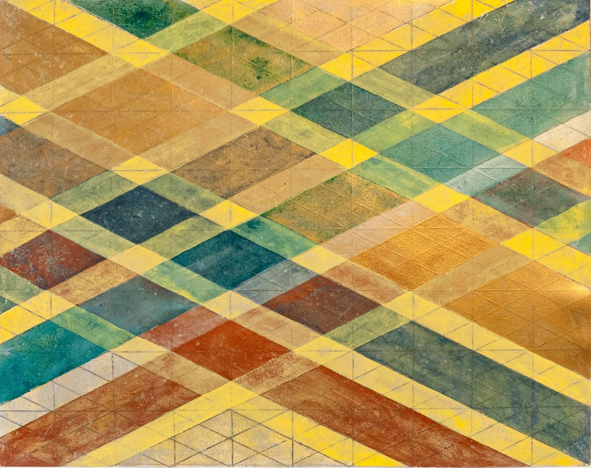 Arlene Slavin Abstract Print - "Intersections/Skies 20", abstract geometric monoprint, red, yellow, blue, gold.