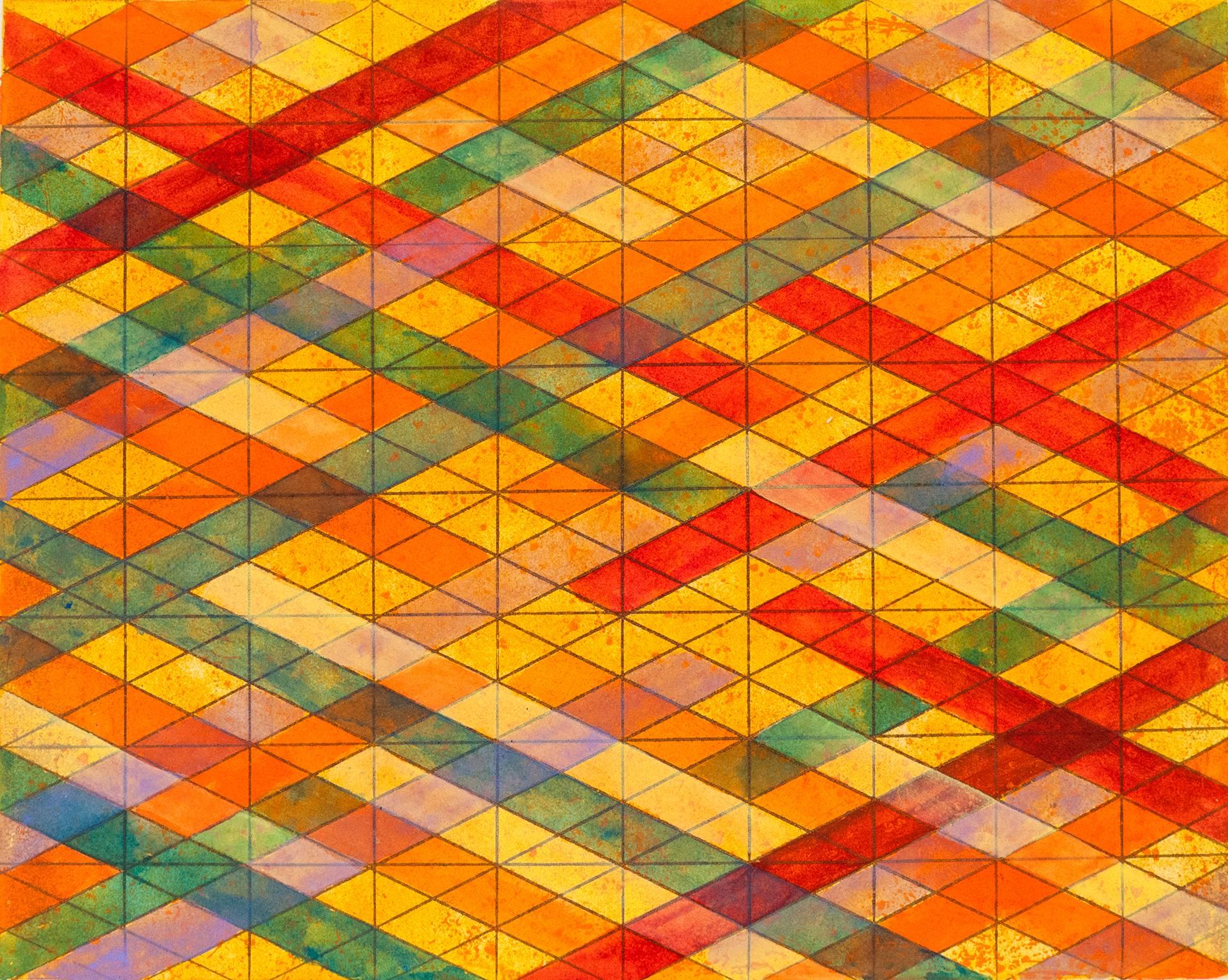 Arlene Slavin Abstract Print - Intersections/Skies 21, abstract geometric monoprint, red, yellow, orange, blue.