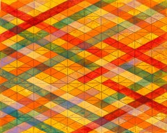 Intersections/Skies 21, abstract geometric monoprint, red, yellow, orange, blue.