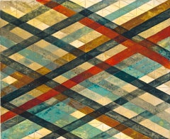 Intersections/Skies Four, abstract geometric print, blue, red, sienna, gold grid