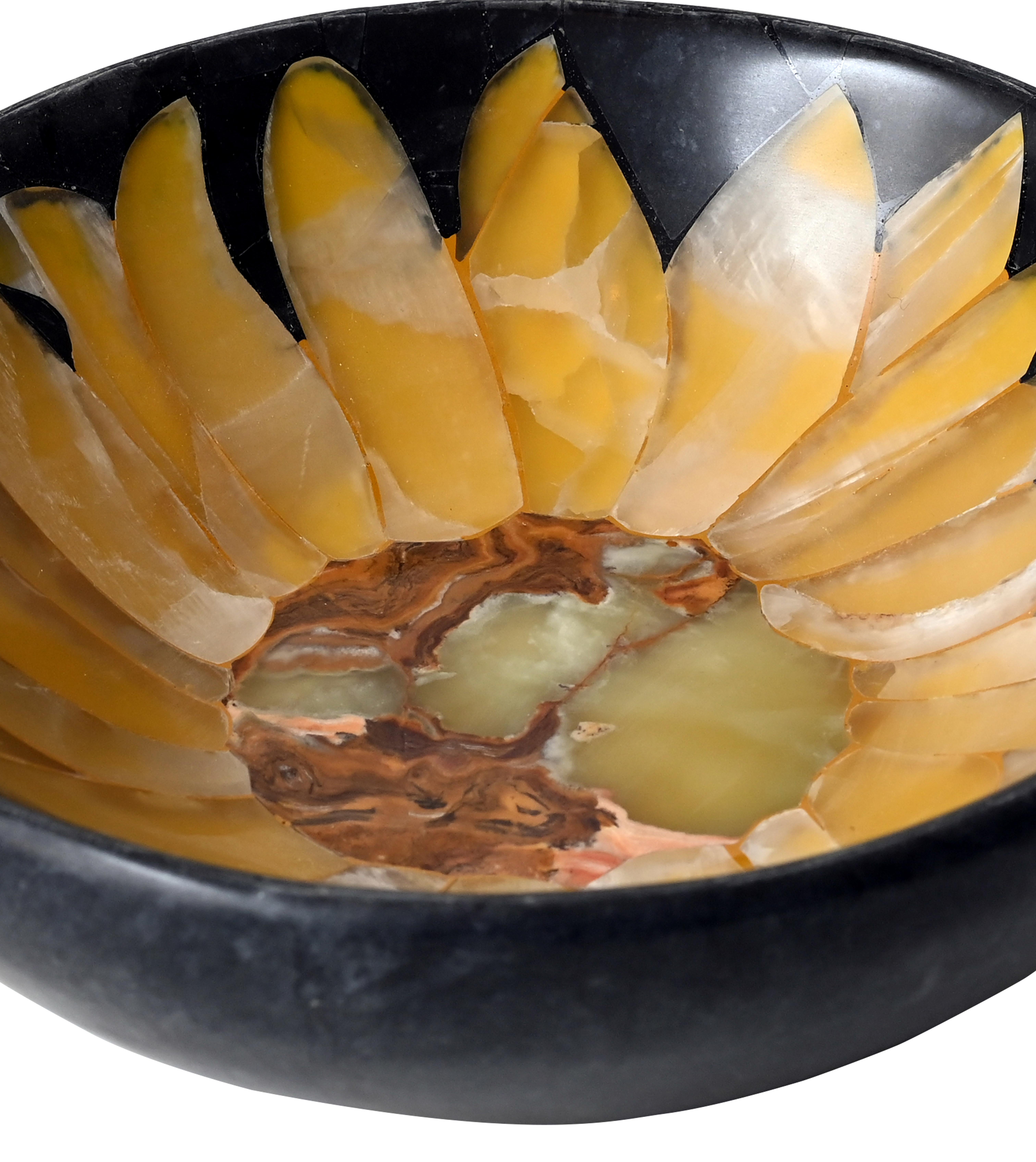 Post-Modern 21st Century Decorative Bowl Pietra Dura Marble Onyx Semi Precious Inlay Black For Sale