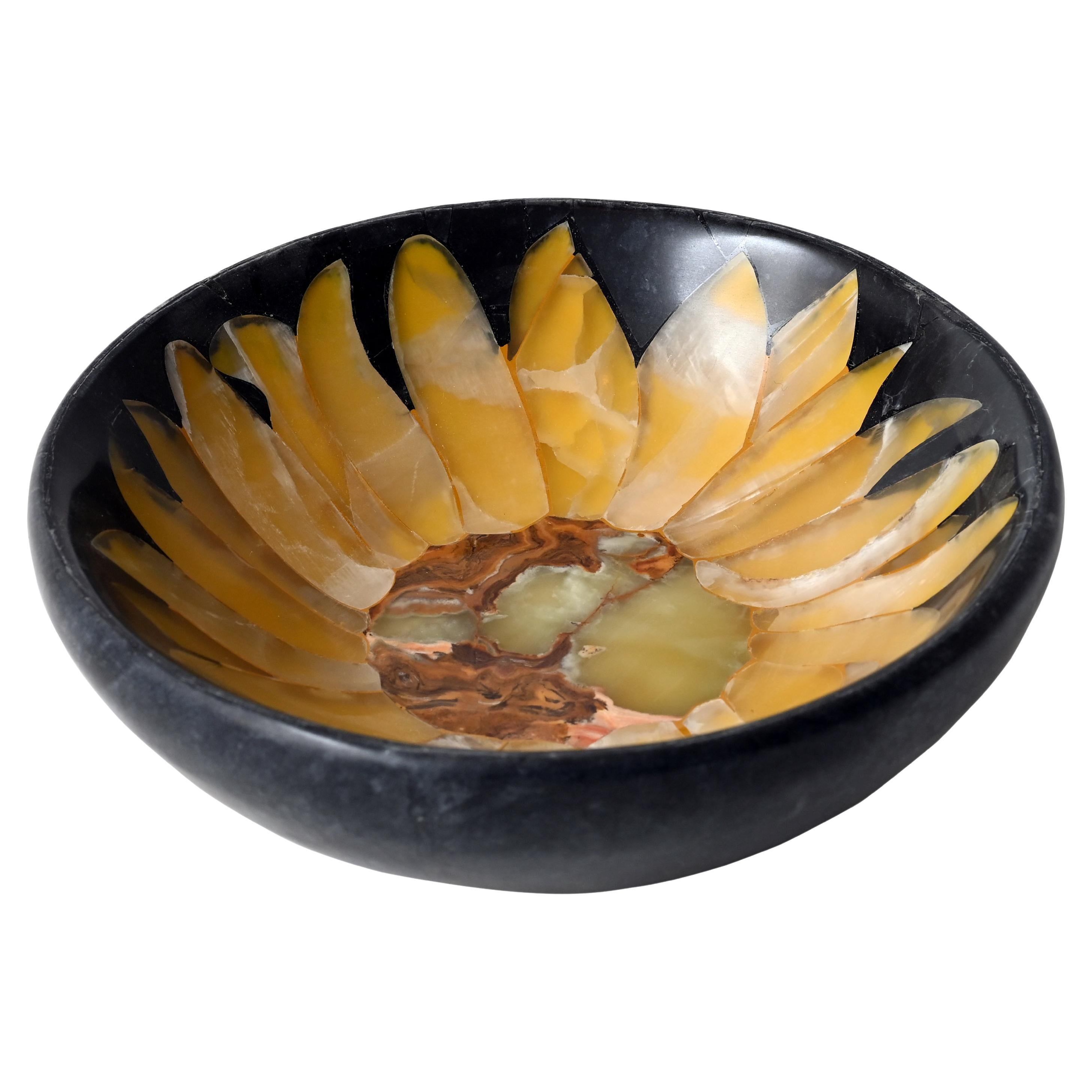 21st Century Decorative Bowl Pietra Dura Marble Onyx Semi Precious Inlay Black For Sale