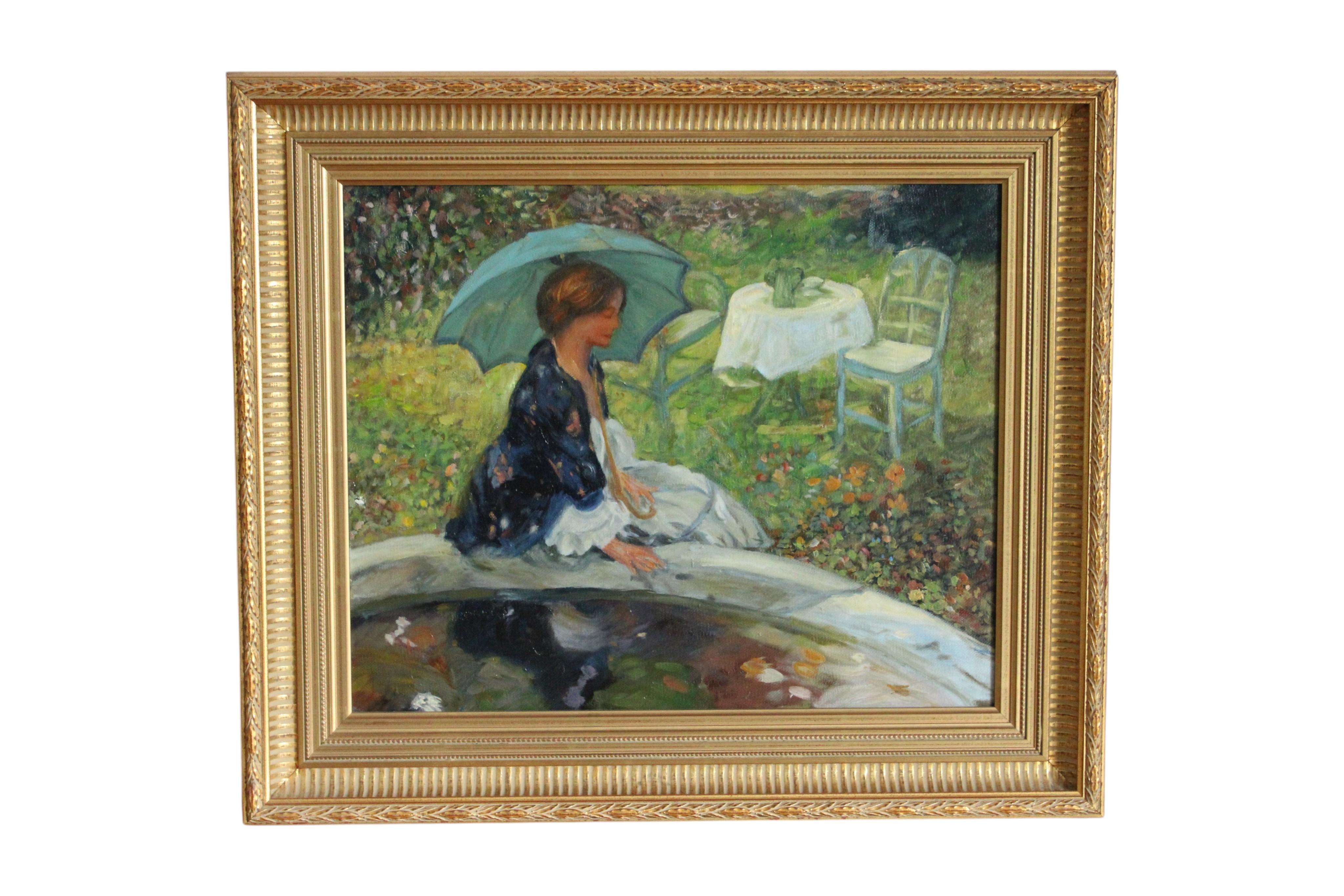 Arlette Berthelet-Auzolle Landscape Painting - Vintage post-impressionist painting of a woman by a pool after Richard E Miller