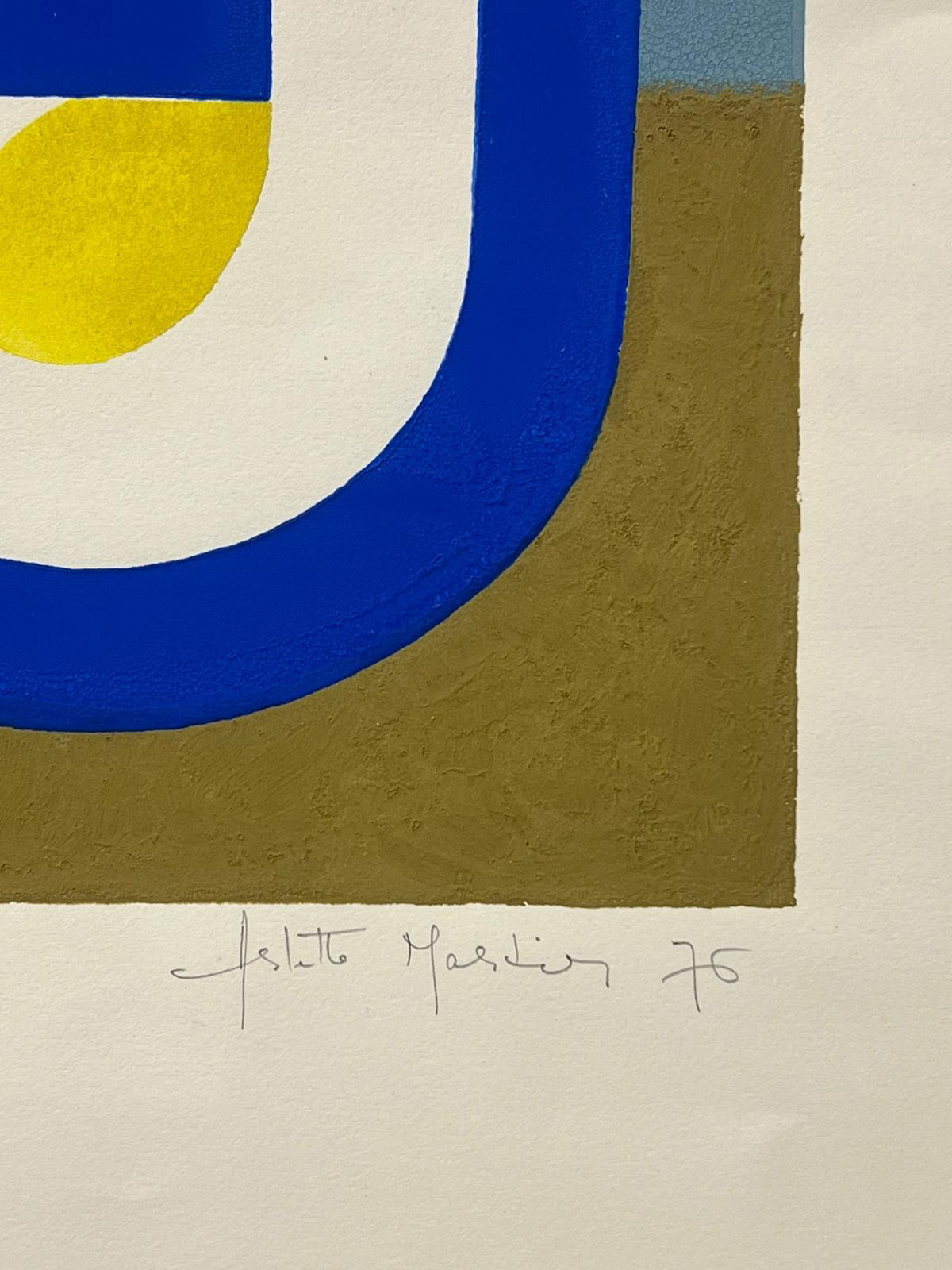 Peinture abstraite française des années 1970 aux couleurs modernes et audacieuses - Bleu Abstract Painting par Arlette Martin