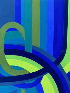 ARLETTE MARTIN (b1924) FRENCH GEOMETRIC ABSTRACT PAINTING - BLUE & GREEN DESIGN